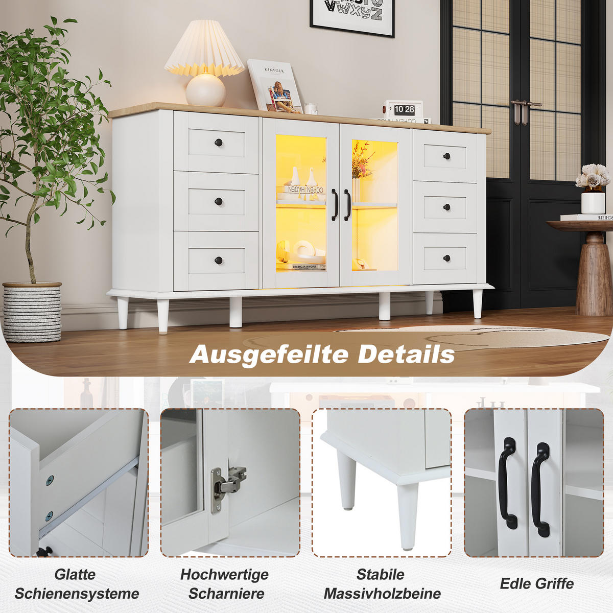 SIDEBOARD 150/40/75 cm mit 2 Acryltüren, 6 Schubladen & LED in Weiß/Holzoptik - Weiß, Holzwerkstoff (150/75/40cm) - BEAOK