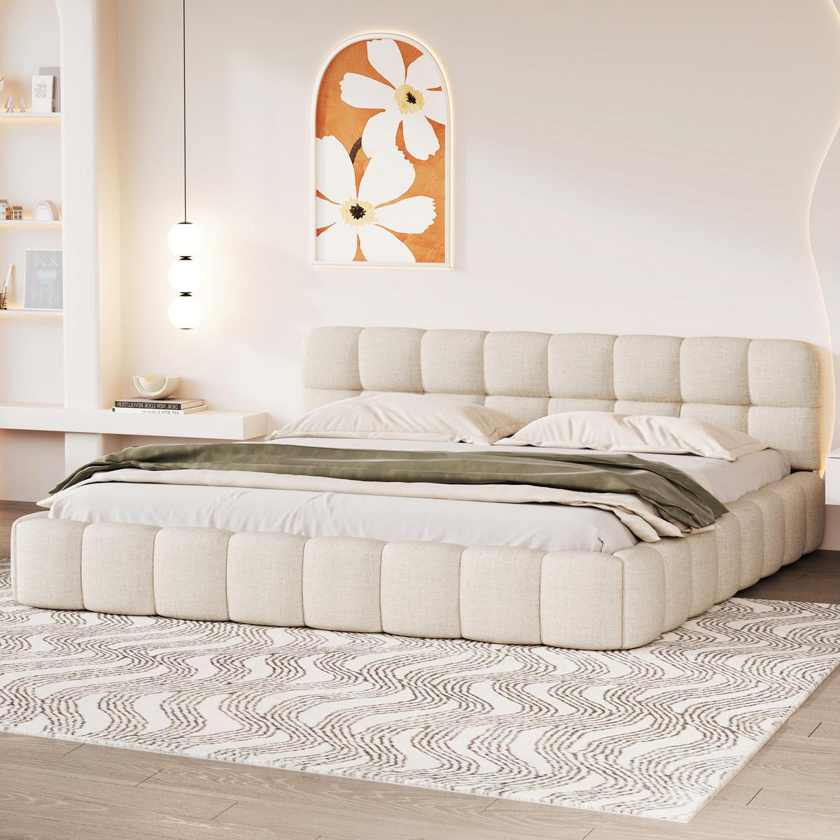 POLSTERBETT 140x190 cm Fleur Soft mit Blumenrand-Design und weicher Rückenlehne, Leinen-Optik Beige - Beige, Textil (140/190cm) - DELFA
