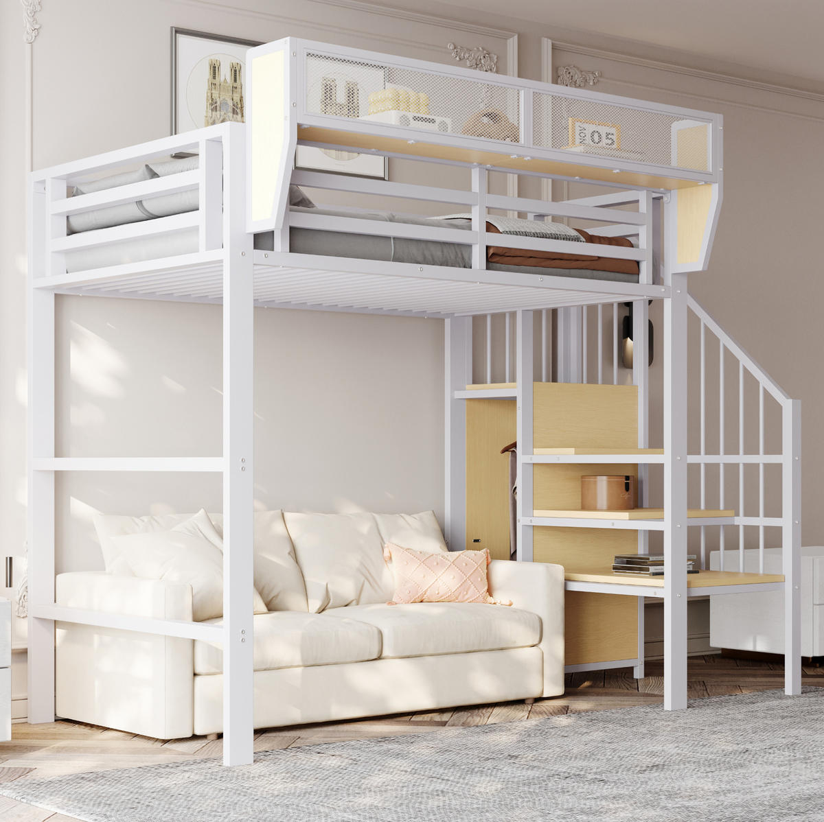 HOCHBETT 90/200 cm Weiß aus Metall mit Sicherheitsleiter und verstellbarem Ablagefach - Weiß, Metall (90/200cm) - OKWISH