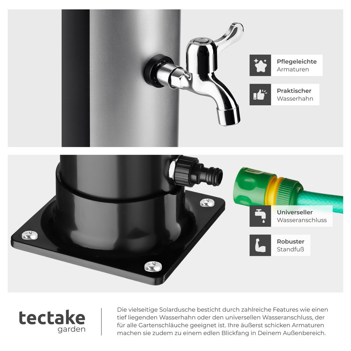 SOLARDUSCHE Tinto,inklusive Wasserhahn,schwarz/silber - Silberfarben/Schwarz, Kunststoff (15.5/221/42.5cm) - tectake