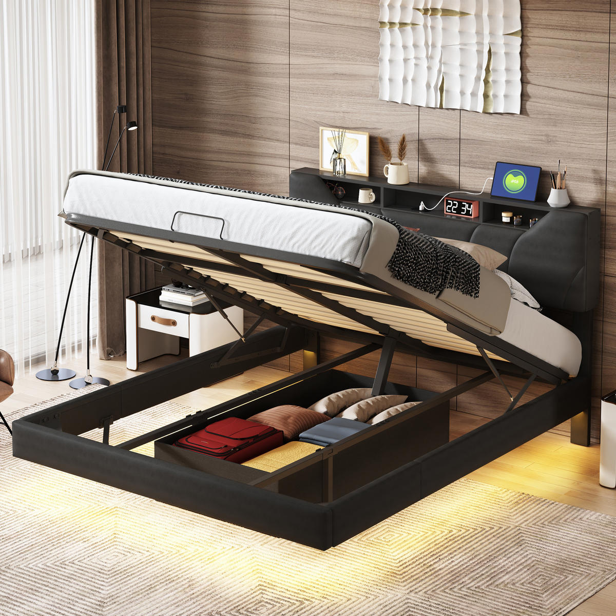 POLSTERBETT 160x200 cm LED USB schwebend Lattenrost schwarz - Schwarz, Holz (160/200cm) - LEBENLANG