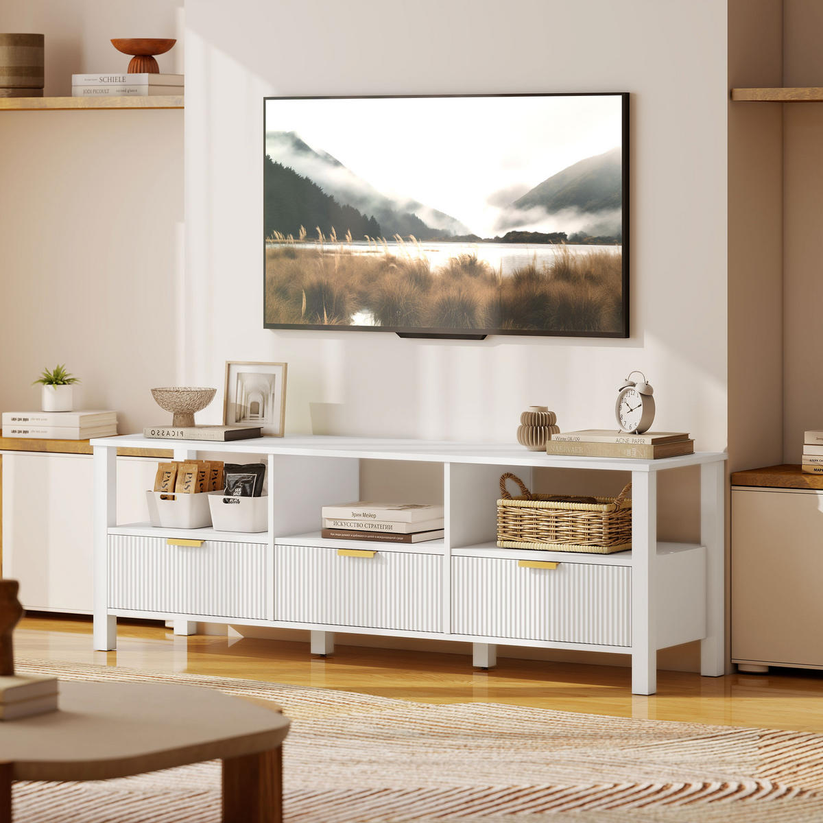 TV-LOWBOARD Weiß 152/39,5/50 cm, 3 Schubladen, 3 offene Fächer - Weiß, Holzwerkstoff (152/50/39.5cm) - PANGIVO