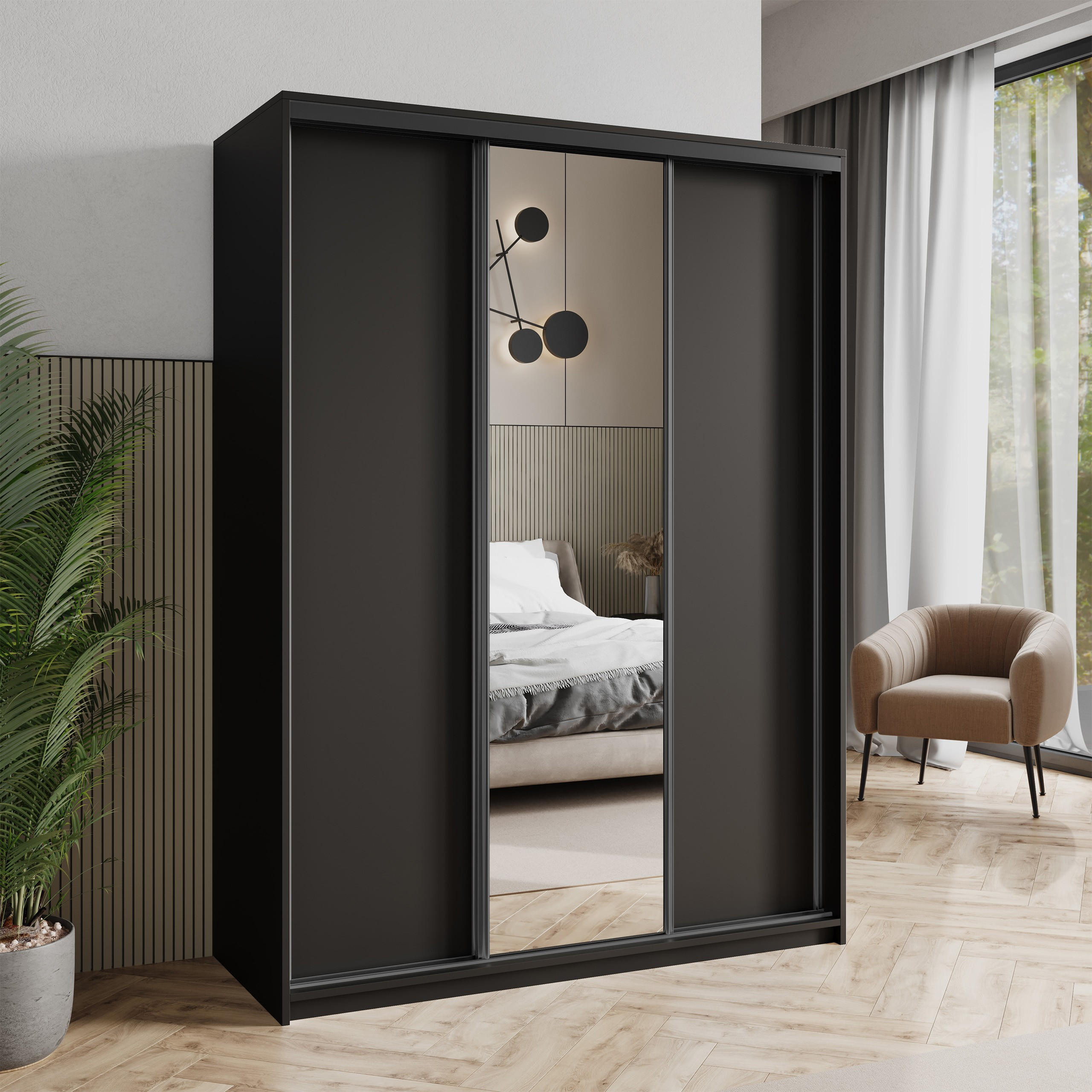 SCHWEBETÜRENSCHRANK TAVI 150/205/60 cm 3-türig mit Spiegel Schwarz - Schwarz, Holzwerkstoff (150/205/60cm) - MASSENO
