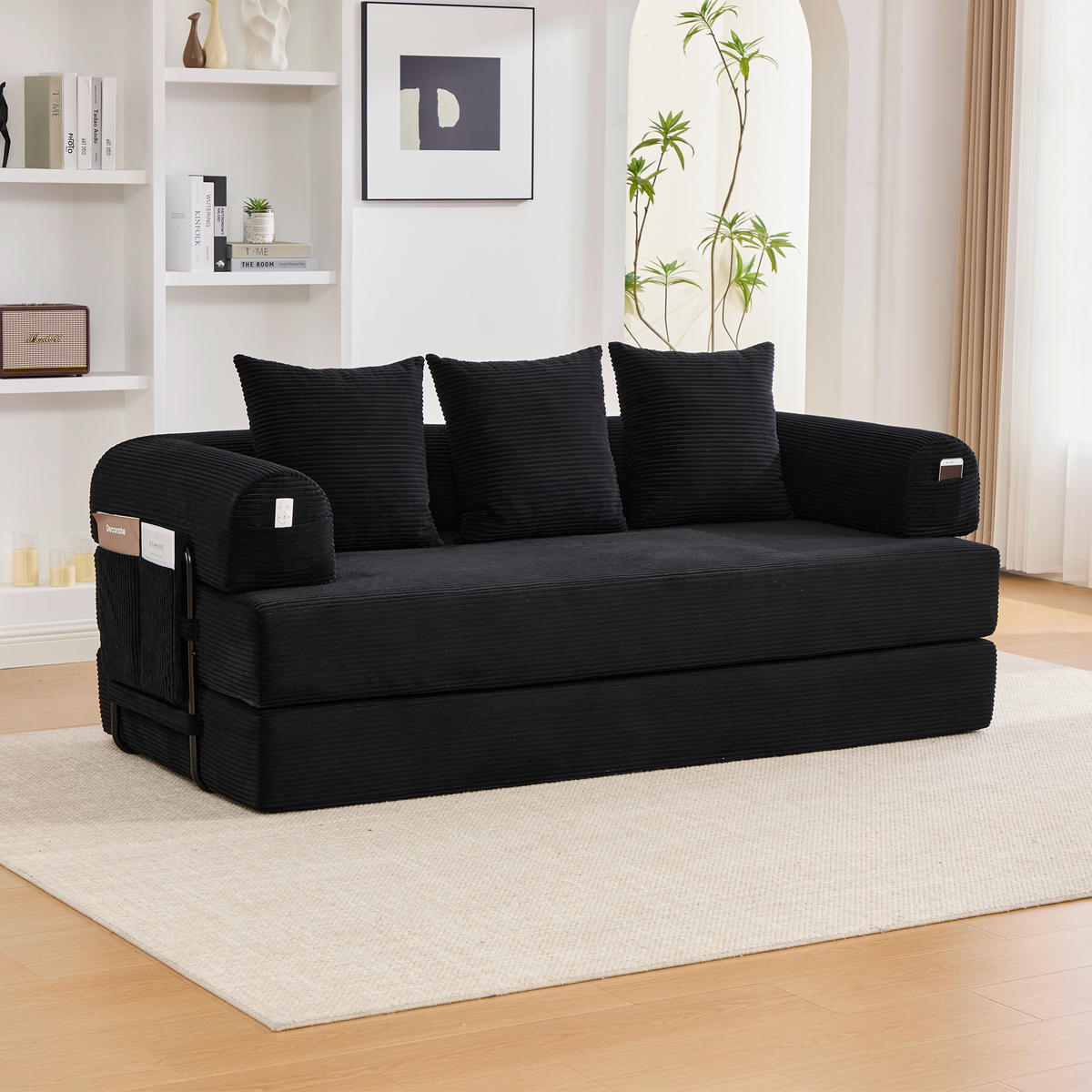SCHLAFSOFA 200/94/67 cm Schwarz mit Seitentaschen plus und 3 Kissen - Schwarz, Textil (200/67/94cm) - Oxeza