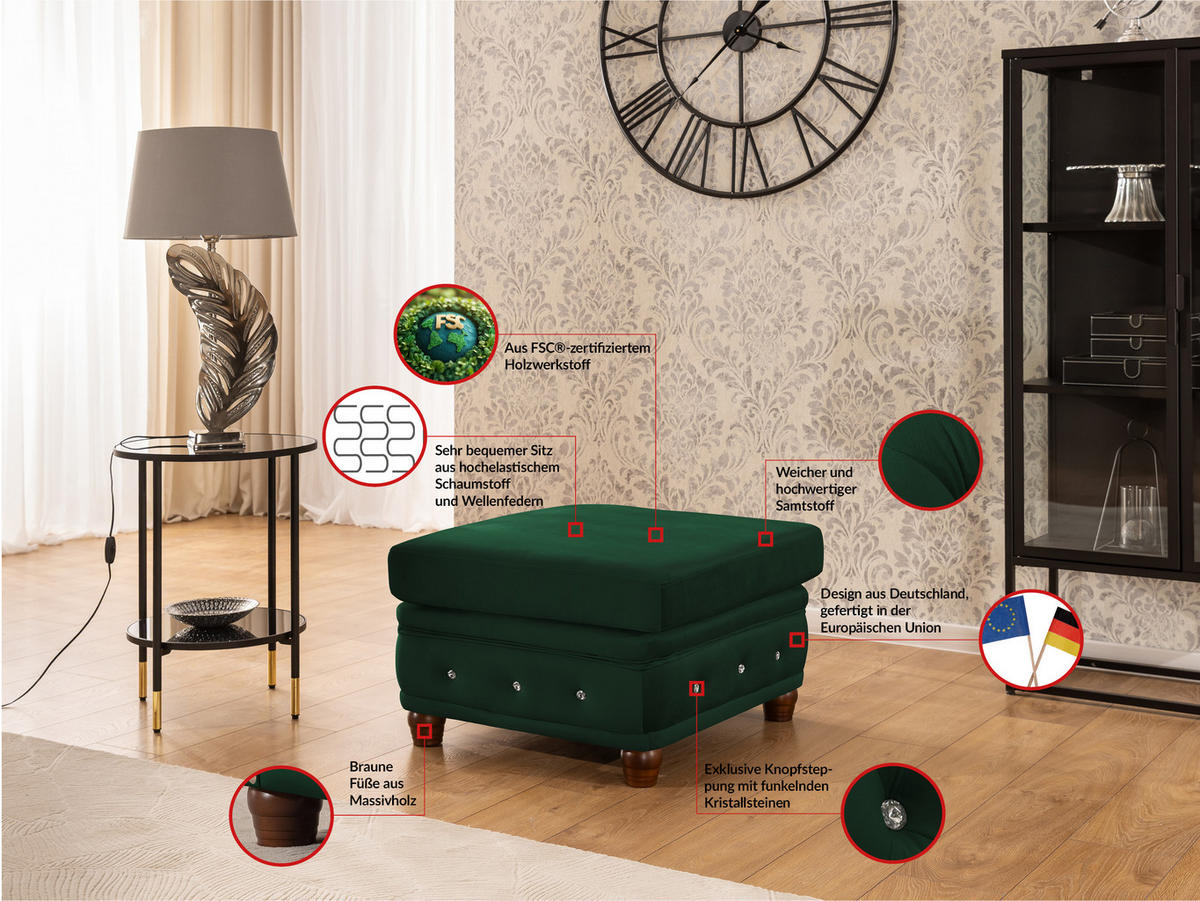 HOCKER Chesterfield Cleo Blink Flasche Grün Samt mit Kristallsteppung und braunen Massivholzfüßen - Braun/Grün, Holz/Textil (75/45/70cm) - S-Style Möbel