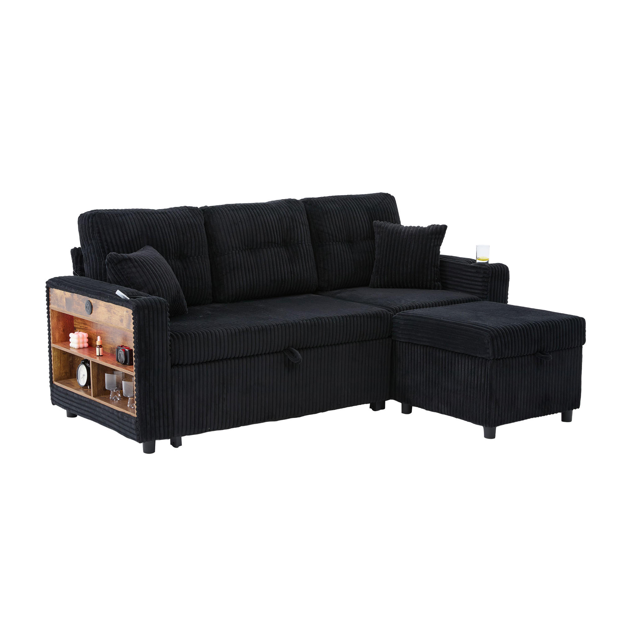 SCHLAFSOFA Cord Schwarz mit Stauraum, Schlaffunktion und LED - Schwarz, Holzwerkstoff/Textil (196/85/144cm) - WISHDOR