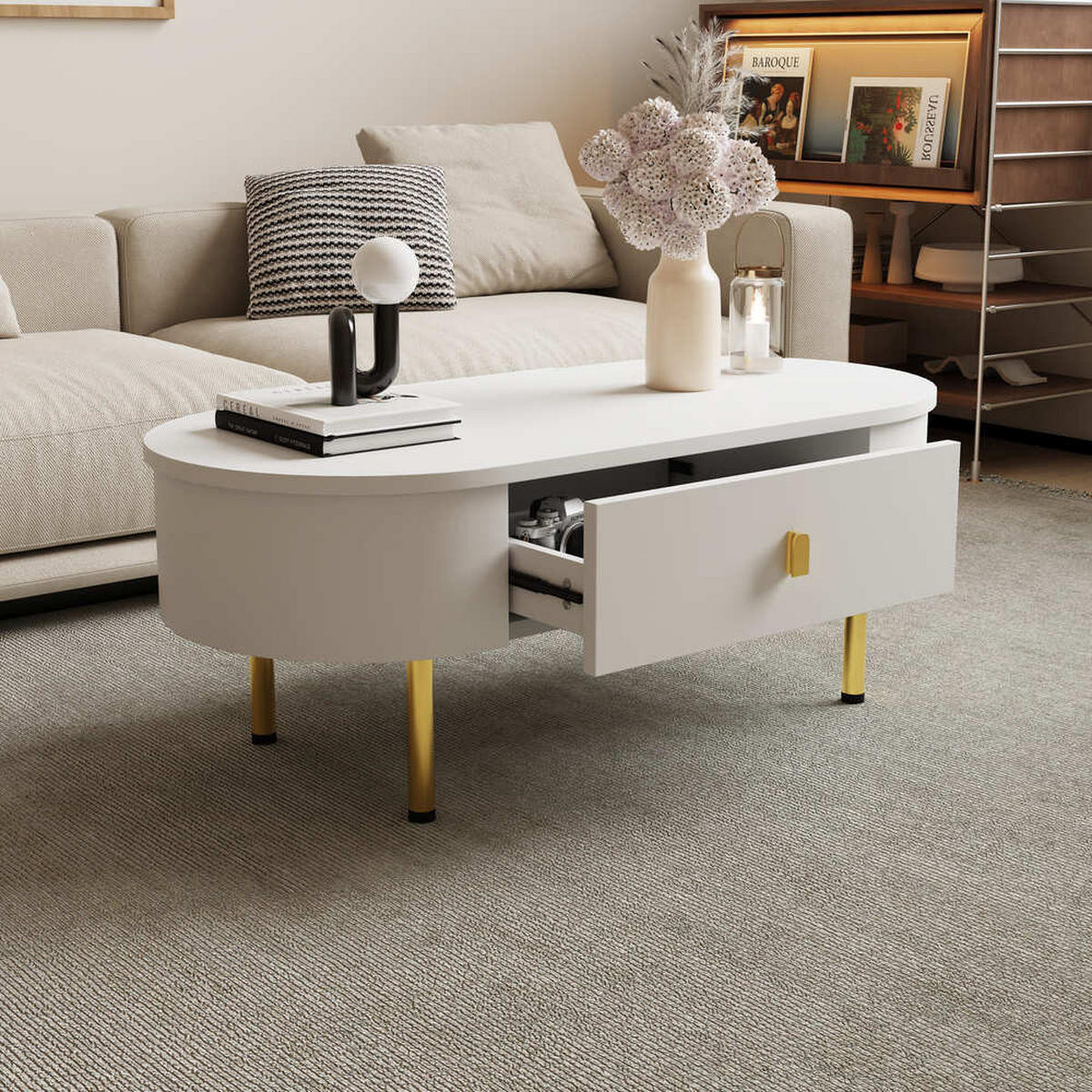 COUCHTISCH Gold Griffe Beine Gebogene Ecken 2 Schubladen - Weiß, Holz (119.38/58.42/25.4cm) - FLIEKS