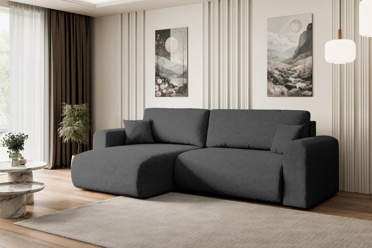 ECKSOFA mit Schlaffunktion und Bettkasten ORRO-L - 272x145x83 cm Grau Bouclé - Schwarz/Grau, Holzwerkstoff/Kunststoff (272/145cm) - ALTDECOR