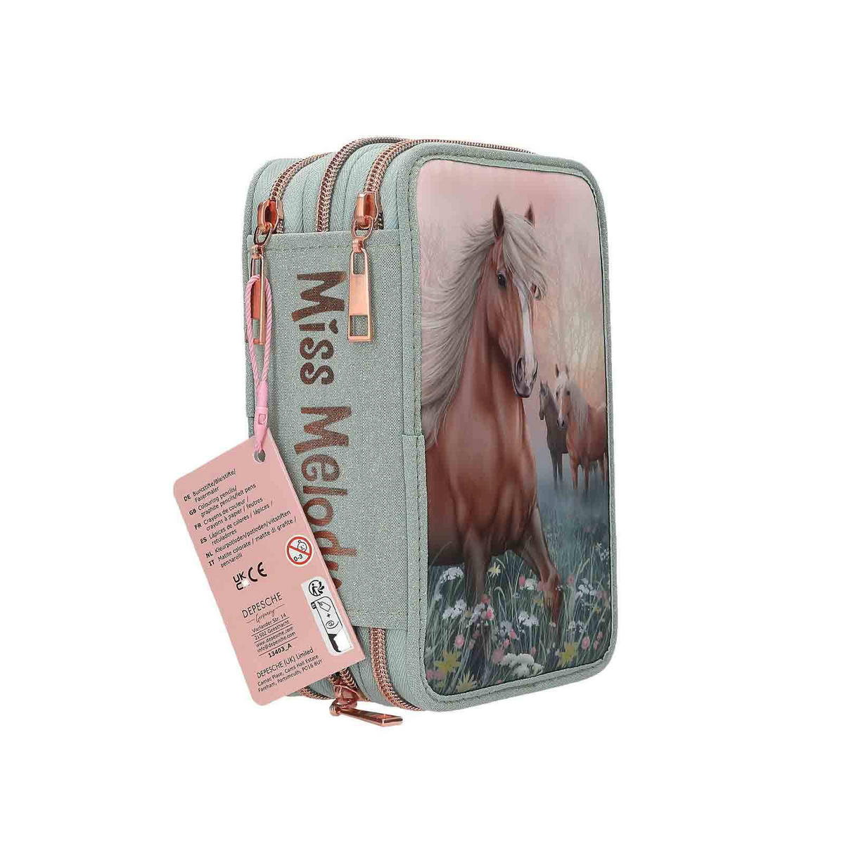 3-FACH FEDERTASCHE ROMANTIC FIELDS INKL. STIFTE Miss Melody grün 7,5 x 13 x 20 cm - Grün, Kunststoff (13/20/7.5cm) - Depesche Germany