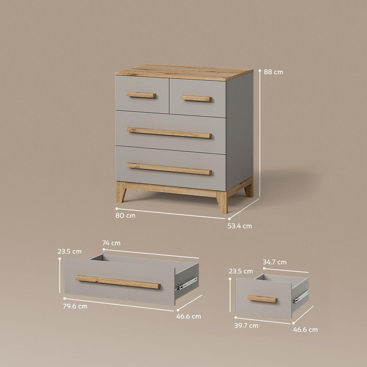 KOMMODE Mailo Cashmere/Artisan 80 x 88 cm mit 4 Schubladen - Kaschmir/Eiche Artisan, Holzwerkstoff (80/88/53.4cm) - Livinity®