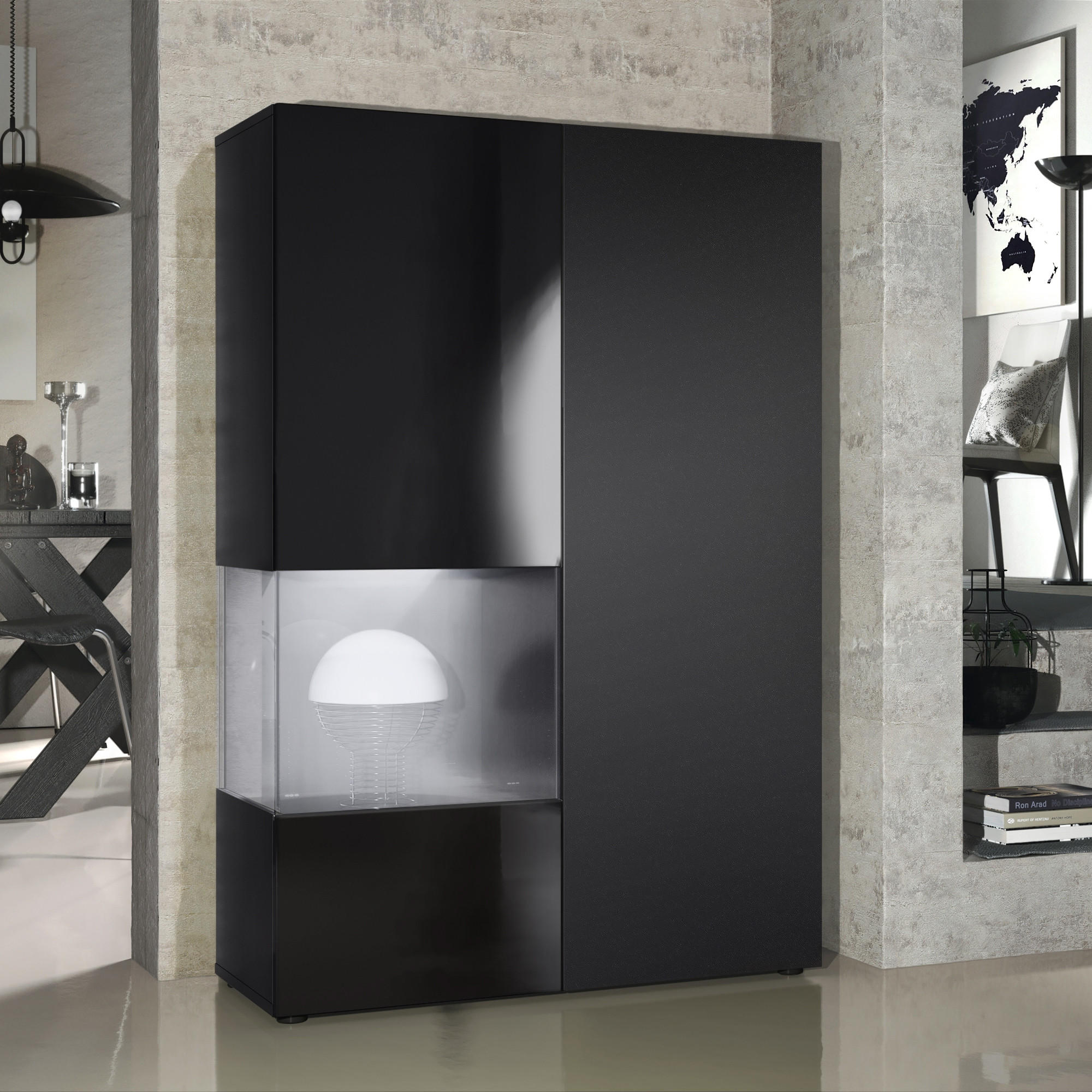 VITRINE Morena Tür und Einsatz in Schwarz Matt - Schwarz, Holzwerkstoff (91.5/136.5/37cm) - Vladon