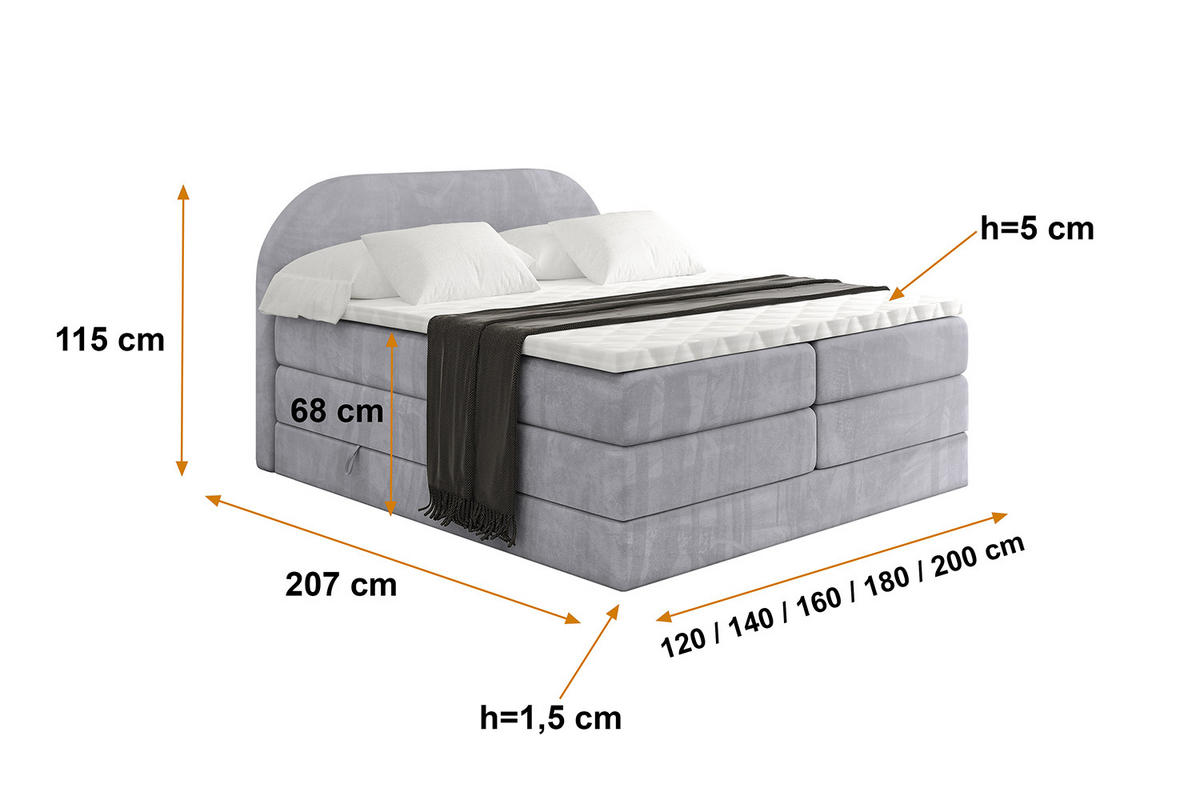 BOXSPRINGBETT mit Matratze und Lattenrost - NOX KING-120x200 - Grau Monolith - Grau, Holzwerkstoff (120/200cm) - ALTDECOR