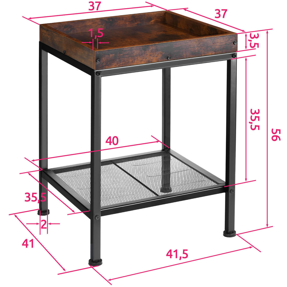 BEISTELLTISCH Rochester,41,5 x 41 x 56 cm,Industrial Holz dunkel, rustikal - Rostfarben, Holz (41.5/41/56cm) - tectake