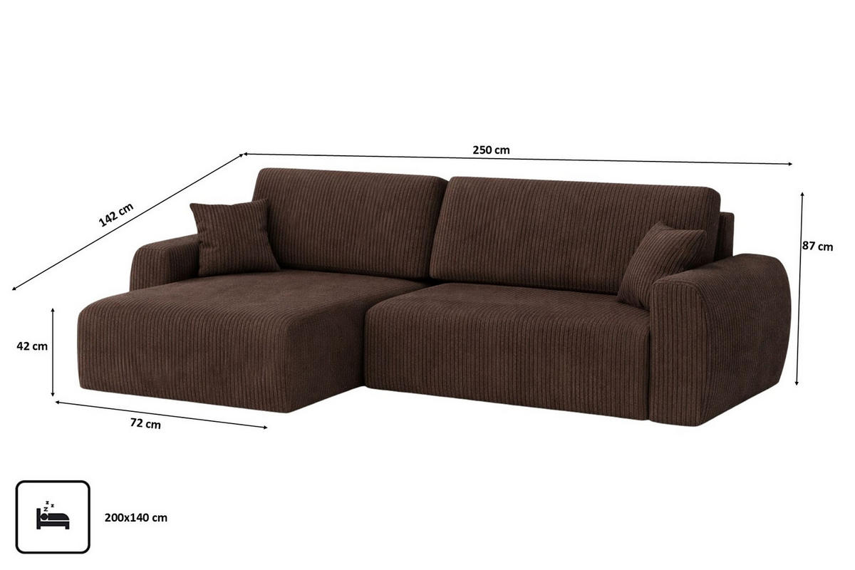 ECKSOFA Mit Schlaffunktion Ariel L, Cordstoff, Stoff Poso, Braun, Links - Braun, Holz (250/142cm) - Kaiser Möbel