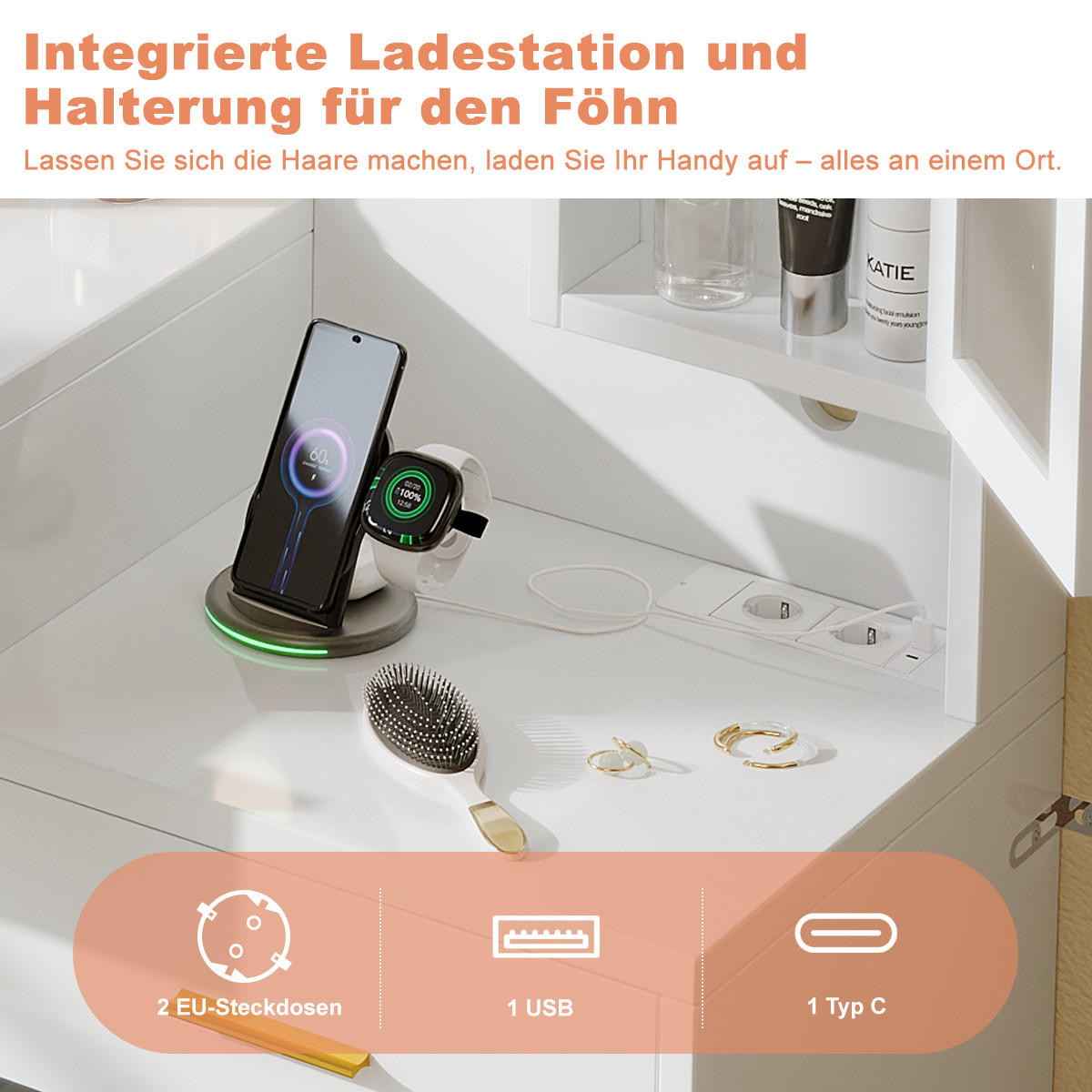 SCHMINKTISCH mit Spiegel, 150 x 40 x 135 cm, 10 dreifarbige LED-Lampen, Steckdosenleiste, 2 Türen und 8 Schubladen, 4 Regale, Weiß - Weiß, Holzwerkstoff (40/75/150cm)