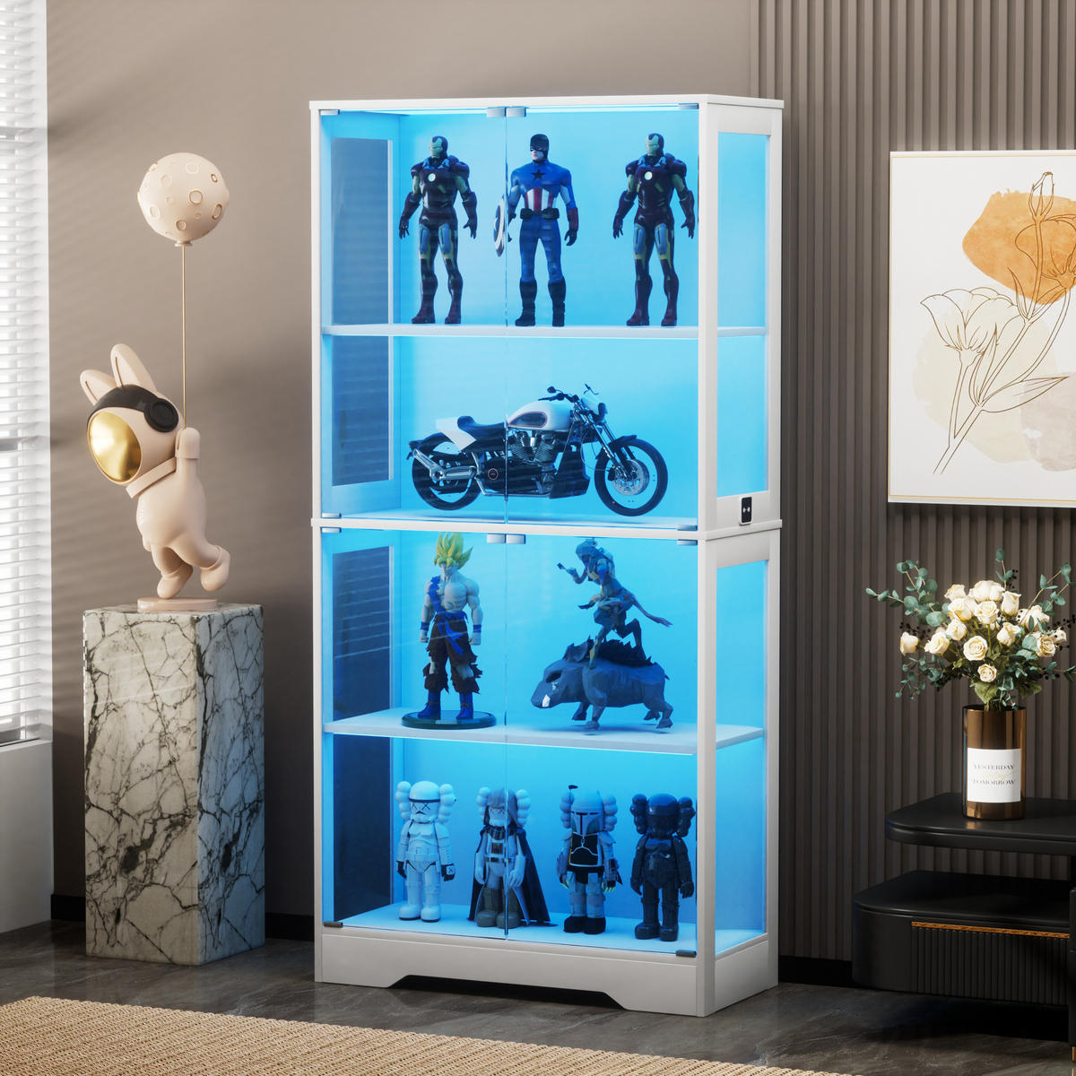 VITRINE 4-stöckig mit LED-Beleuchtung - Staubdicht - Weiß - Weiß, Glas/Holzwerkstoff (35/165/80cm) - KOMHTOM