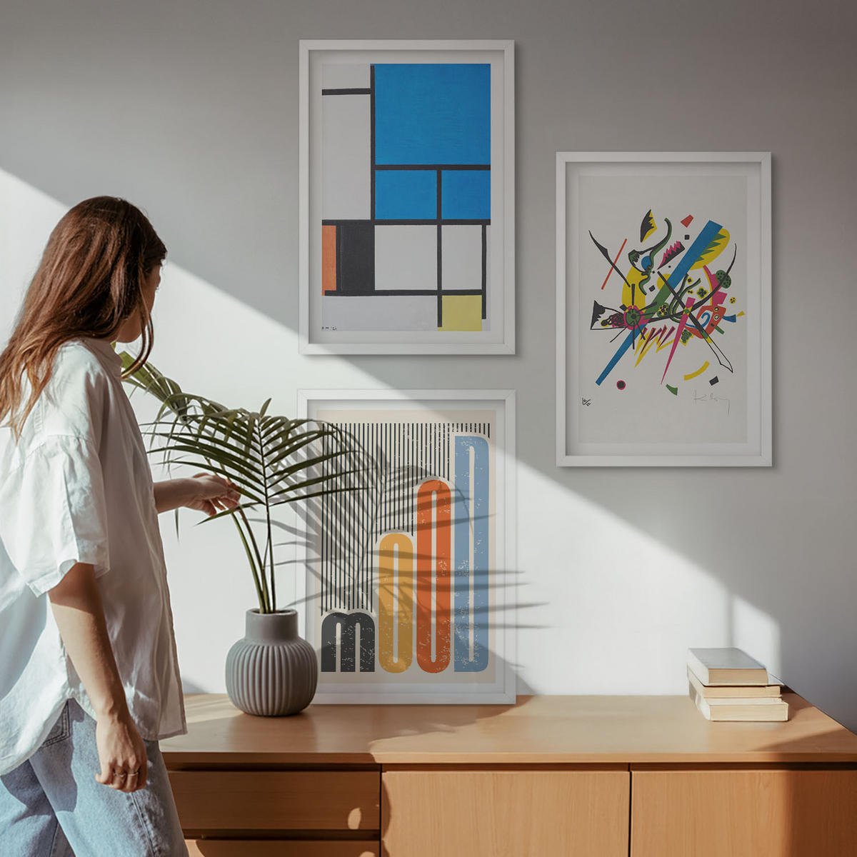 BILDER SET 3er Set - 40x60 cm Weißer Rahmen - Abstrakte moderne Geometrie - Weiß, Kunststoff (40/60cm) - TULUP