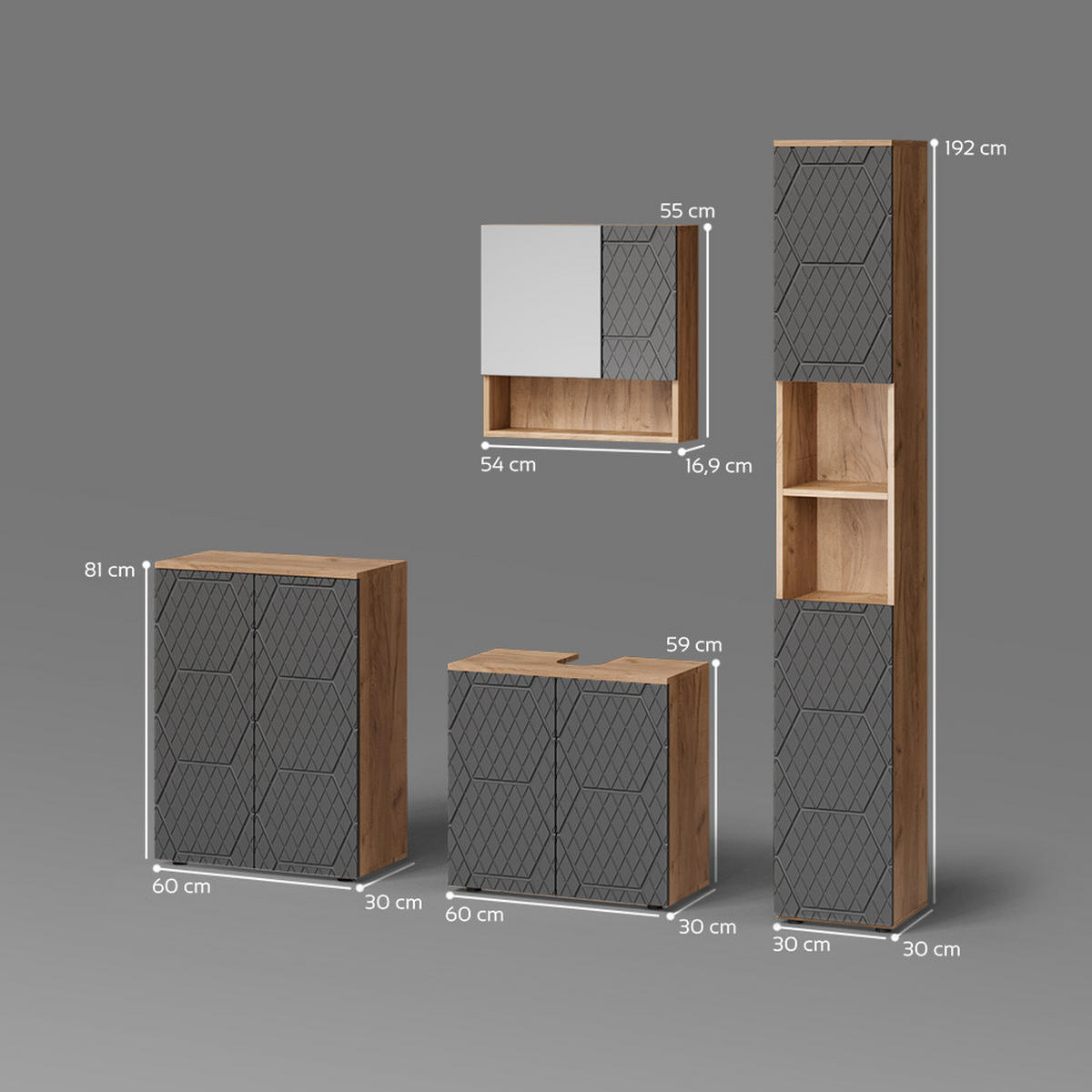 BADMÖBEL-SET Ronco Anthrazit gestreift 4 Teile, mit Hochschrank und Kommode - Anthrazit, Holzwerkstoff (60/59/30cm) - Livinity®