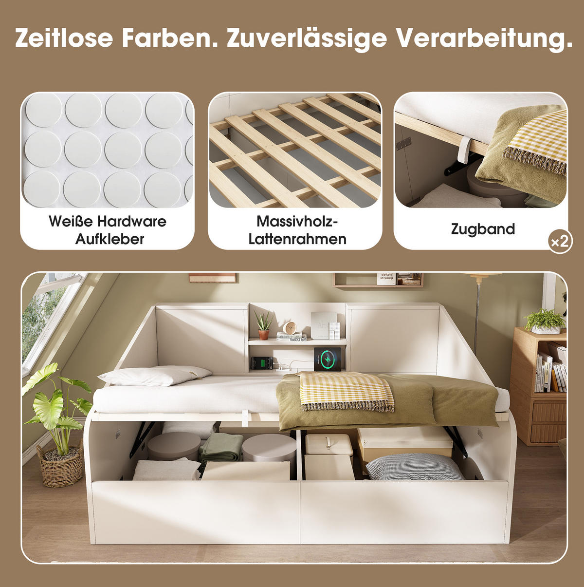 POLSTERBETT 140/190 cm in Weiß mit Stauraum, Lattenrost und USB/Type-C-Ladestation - Weiß, Textil (140/190cm) - BEAOK
