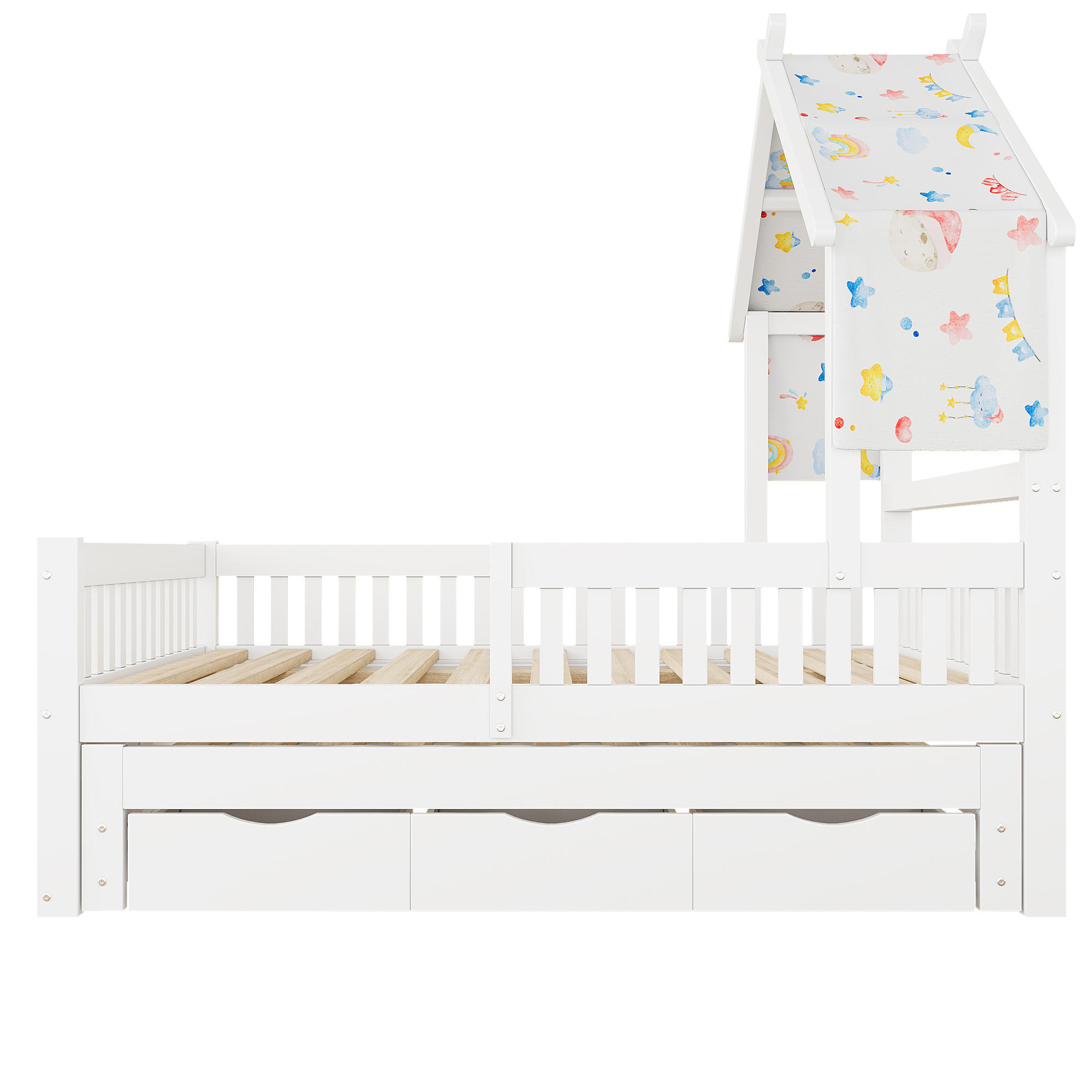 HAUSBETT 140/200 cm DE-03356, mit Ausziehbett, 3 Schubladen und Sicherheitsgittern, in Weiß - Weiß, Holz/Holzwerkstoff (140/200cm) - ComfortXL