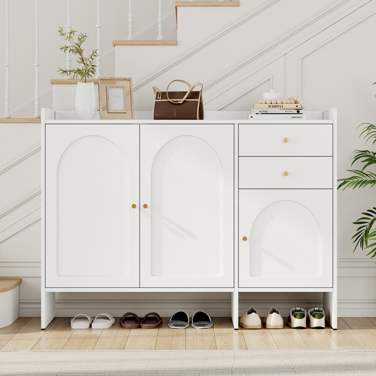 SCHUHSCHRANK in Weiß Schuhkommode mit 3 Türen,2 Schubladen & Metallgriffen, viel Stauraum für Flur/Diele, B120/T35/H90cm - Weiß, Holzwerkstoff (120/90/35cm) - STILVORA