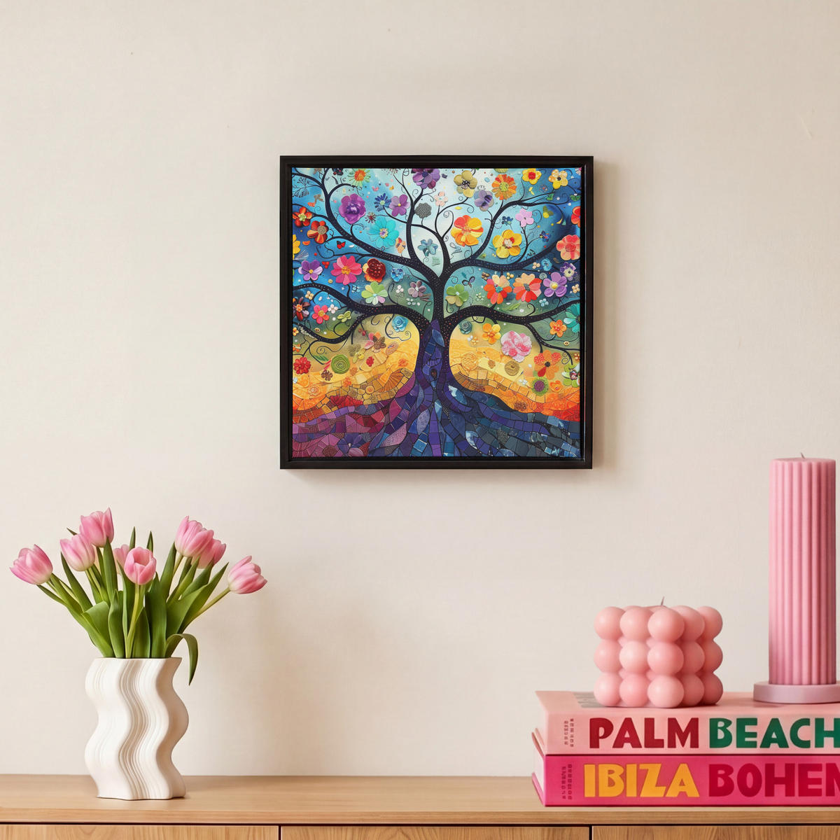 LEINWAND Bilder mit Rahmen - Kunst - Baum des Lebens - Blumen - Hippie - 20x20 - Dunkelblau, Textil (20/20cm) - MuchoWow