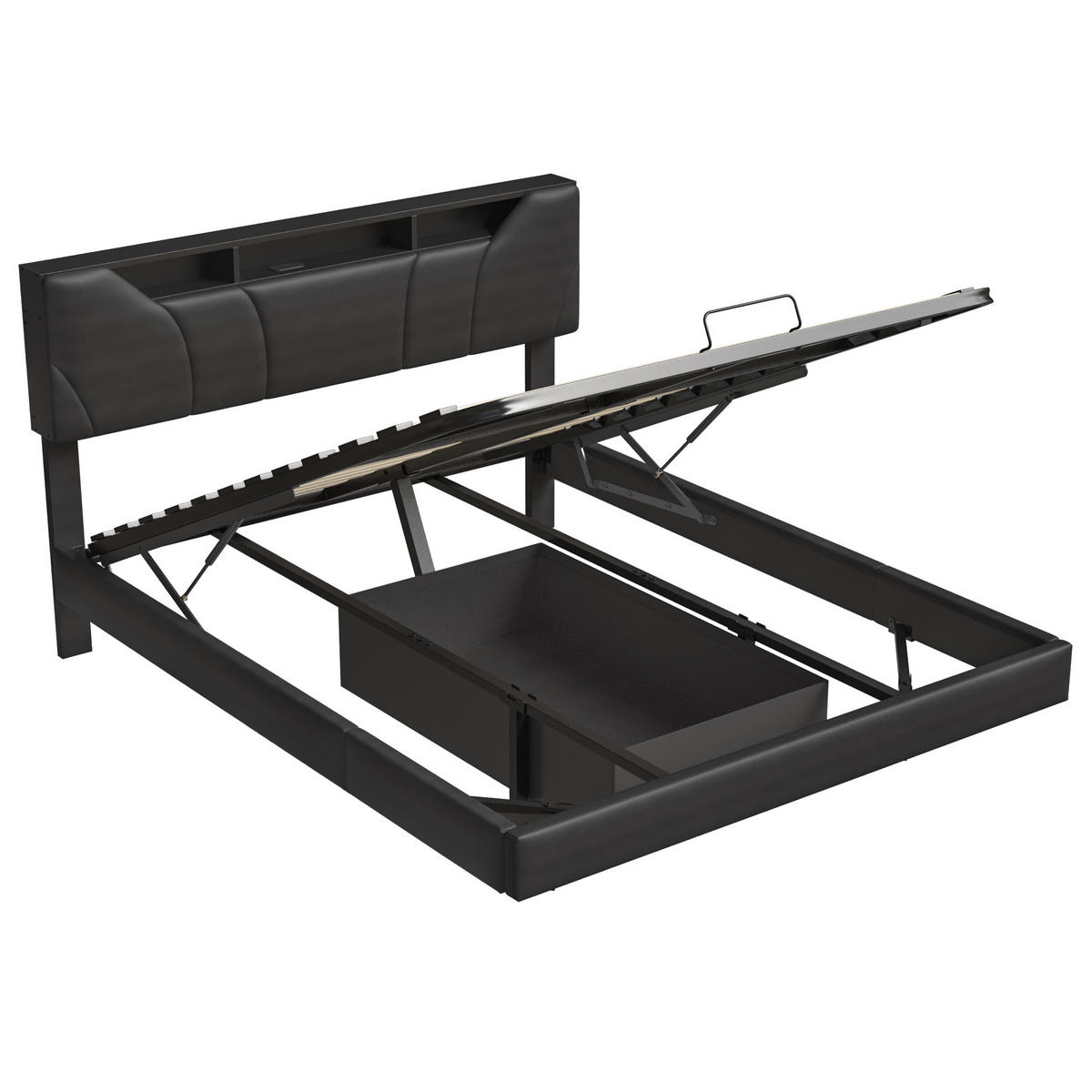 POLSTERBETT 160x200 cm, Schwarz, LED-Beleuchtung und USB - Schwarz, Textil/Metall (160/200cm)
