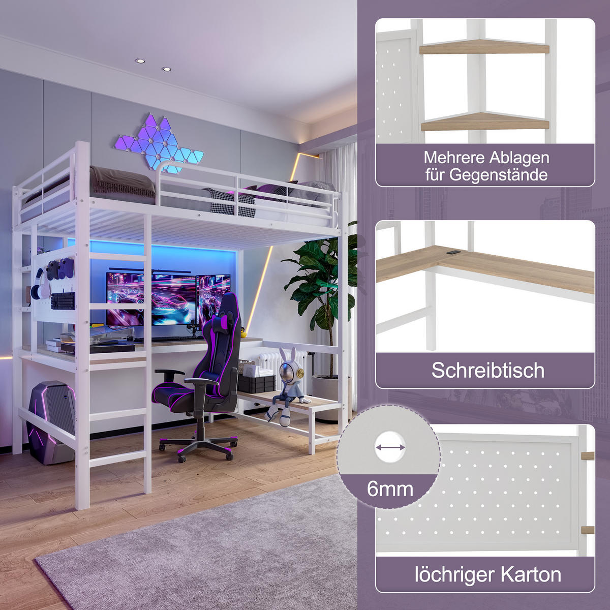 HOCHBETT 90x200cm Weiß Metall Schreibtisch LED-Licht USB-C - Weiß, Metall (90/200cm) - FLIEKS