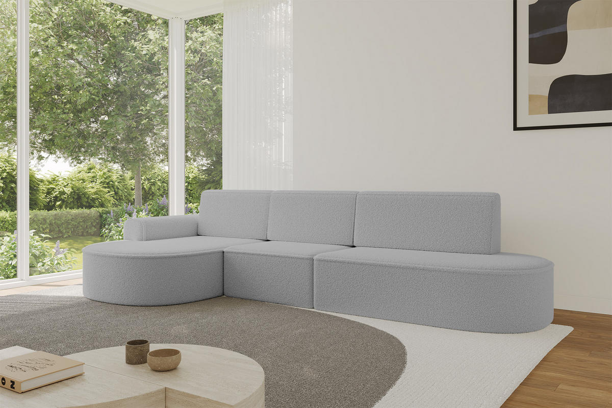 ECKSOFA mit Schlaffunktion Ottomane Links MARI L2-S 368X167X85 Hellgrau Bouclé - Hellgrau/Schwarz, Holzwerkstoff/Kunststoff (368/167cm) - ALTDECOR