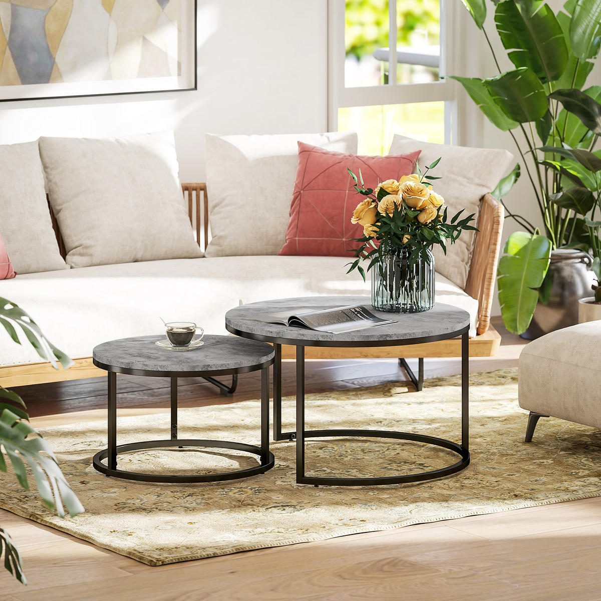 RUNDER Couchtisch 2er Set, stapelbar Beistelltisch in Marmoroptik, Satztisch - Grau, Holzwerkstoff (78.5/78.5/46.5cm) - HOMCOM