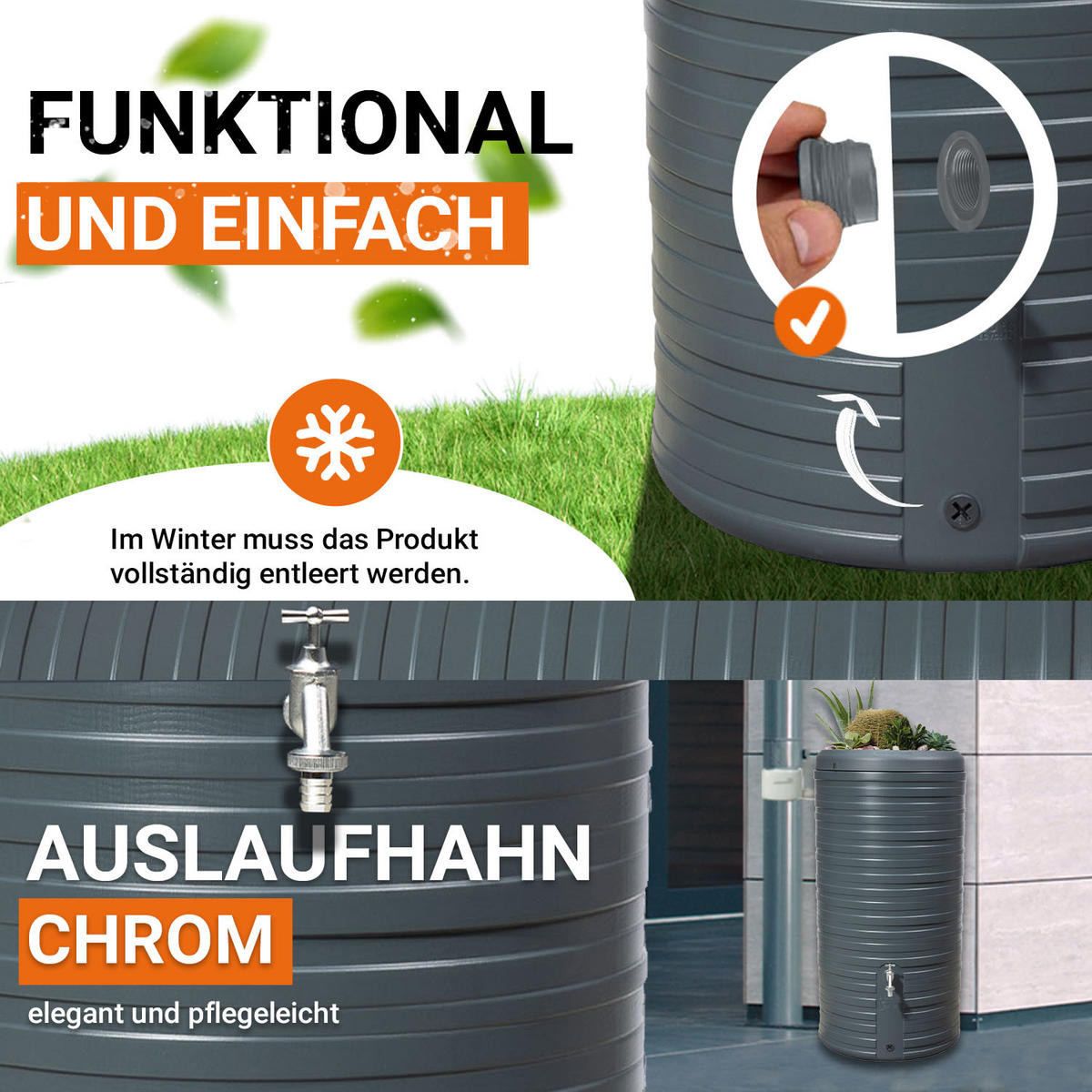 2IN1 Regentonnen Komplett-Set 300 L graphite grey inkl. Chrom-Auslaufhahn und Fallrohranschluss - Graphitfarben, Kunststoff (59/118/59cm) - GARANTIA