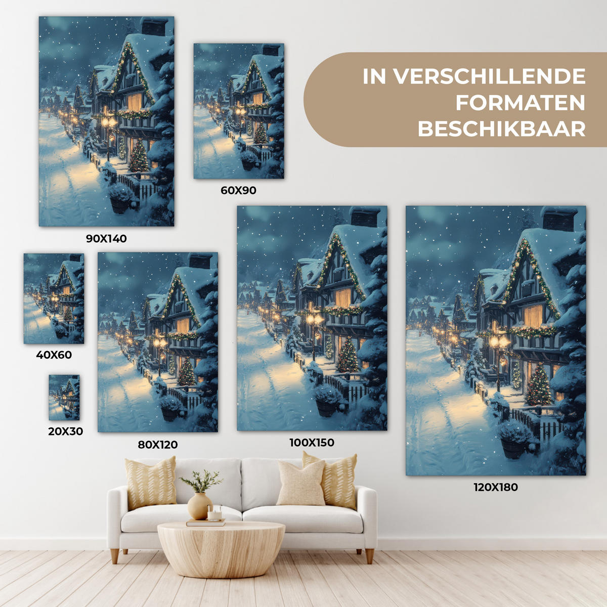 LEINWANDBILD Weihnachtsdorf - Weihnachten - Schnee - Winter Wanddeko 40x60 cm - Dunkelblau, Textil (40/60cm) - MuchoWow