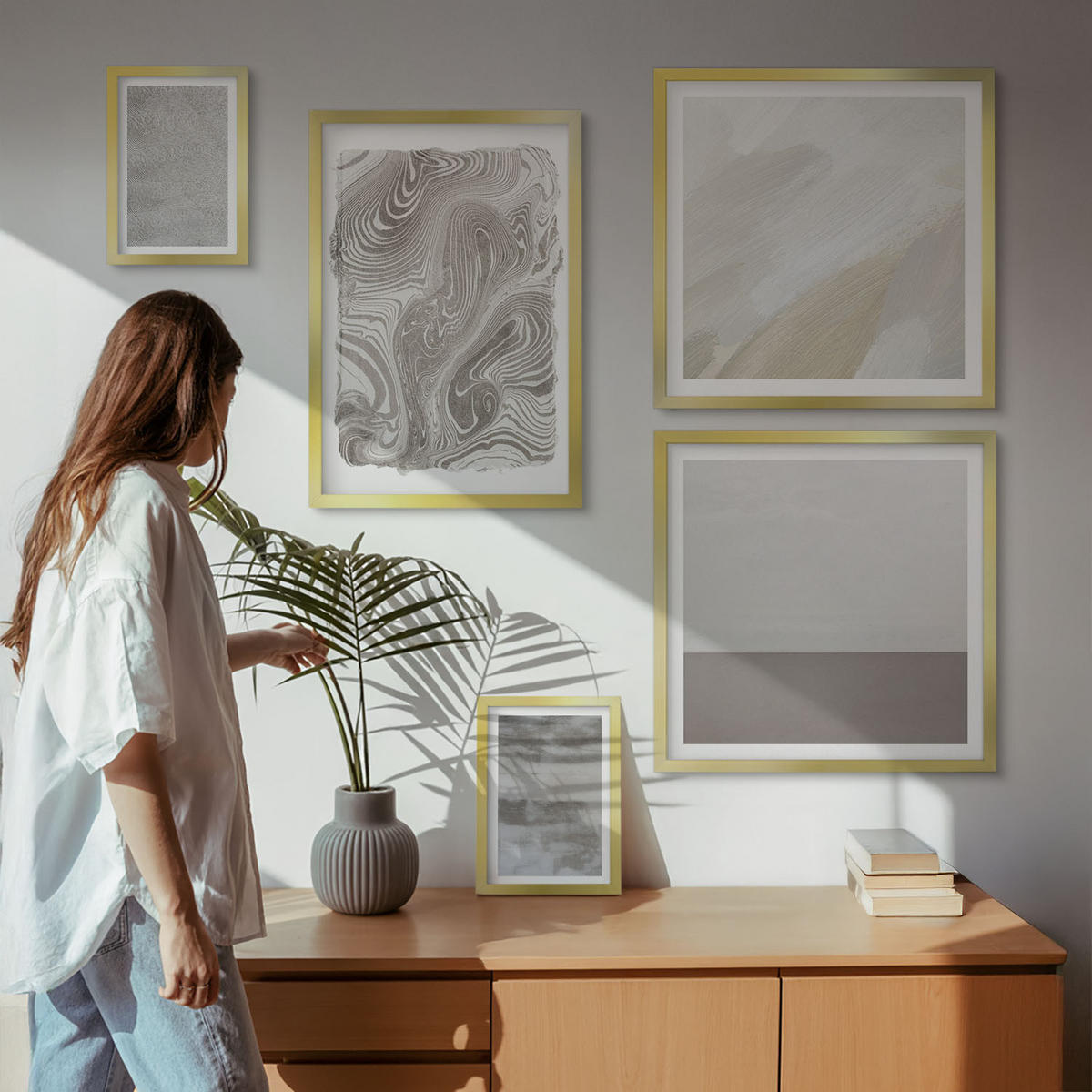 BILDER SET 5er Set - 50x50 cm & 20x30 cm & 40x60 cm Goldrahmen - Industriedesignstrukturen - Goldfarben, Kunststoff (40/60cm) - TULUP