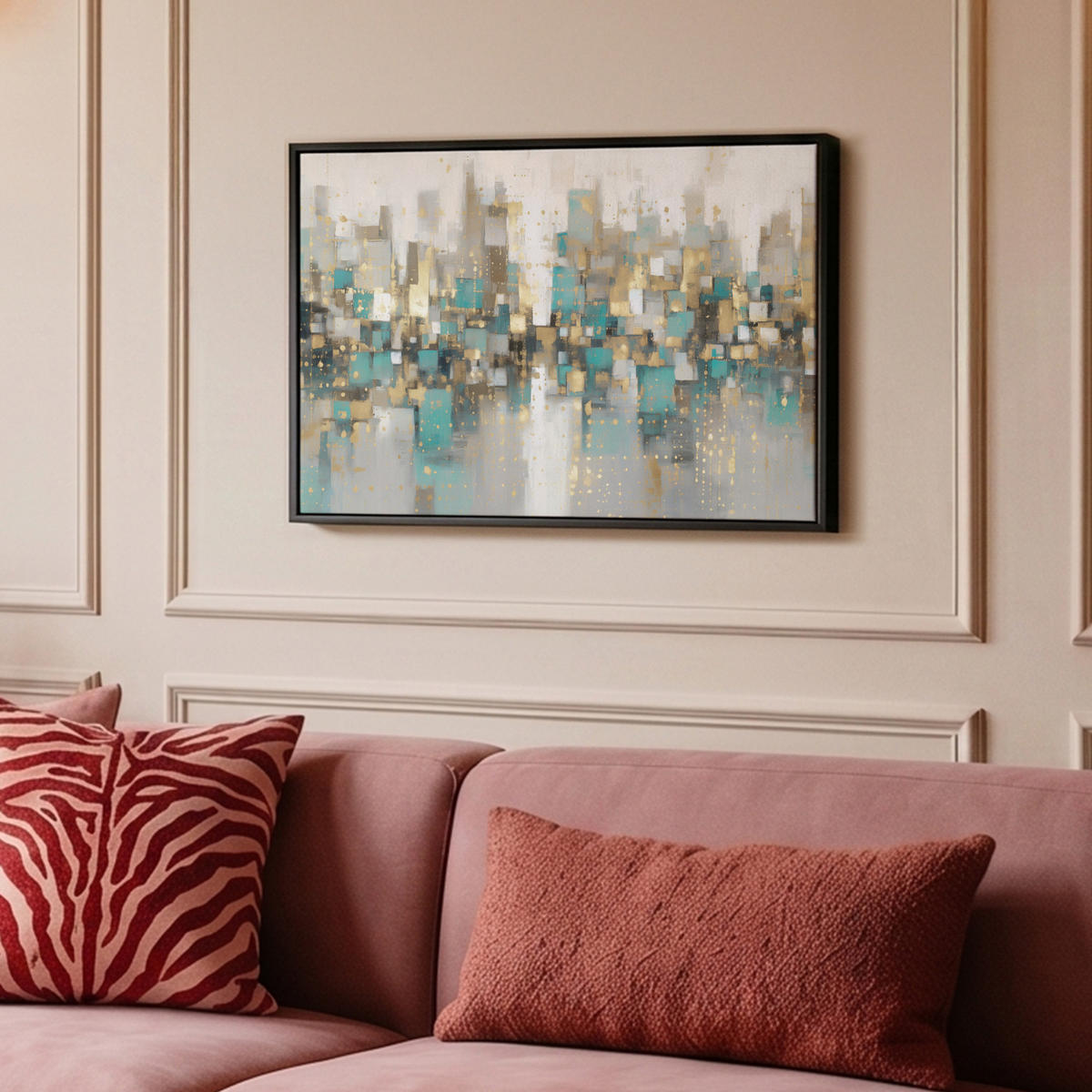 LEINWAND Bilder mit Rahmen - Abstrakt - Blöcke - Gold - Skyline - 60x40 - Beige, Textil (60/40cm) - MuchoWow