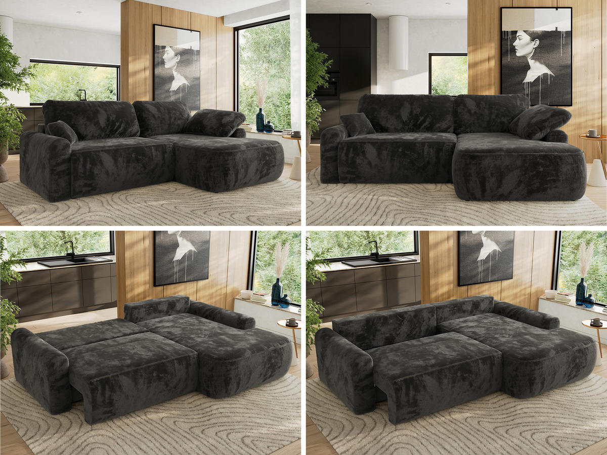 ECKSCHLAFSOFA CUBO L Dunkelgrau Plüsch - rechts - Dunkelgrau/Schwarz, Kunststoff/Textil (187/273cm) - MKS