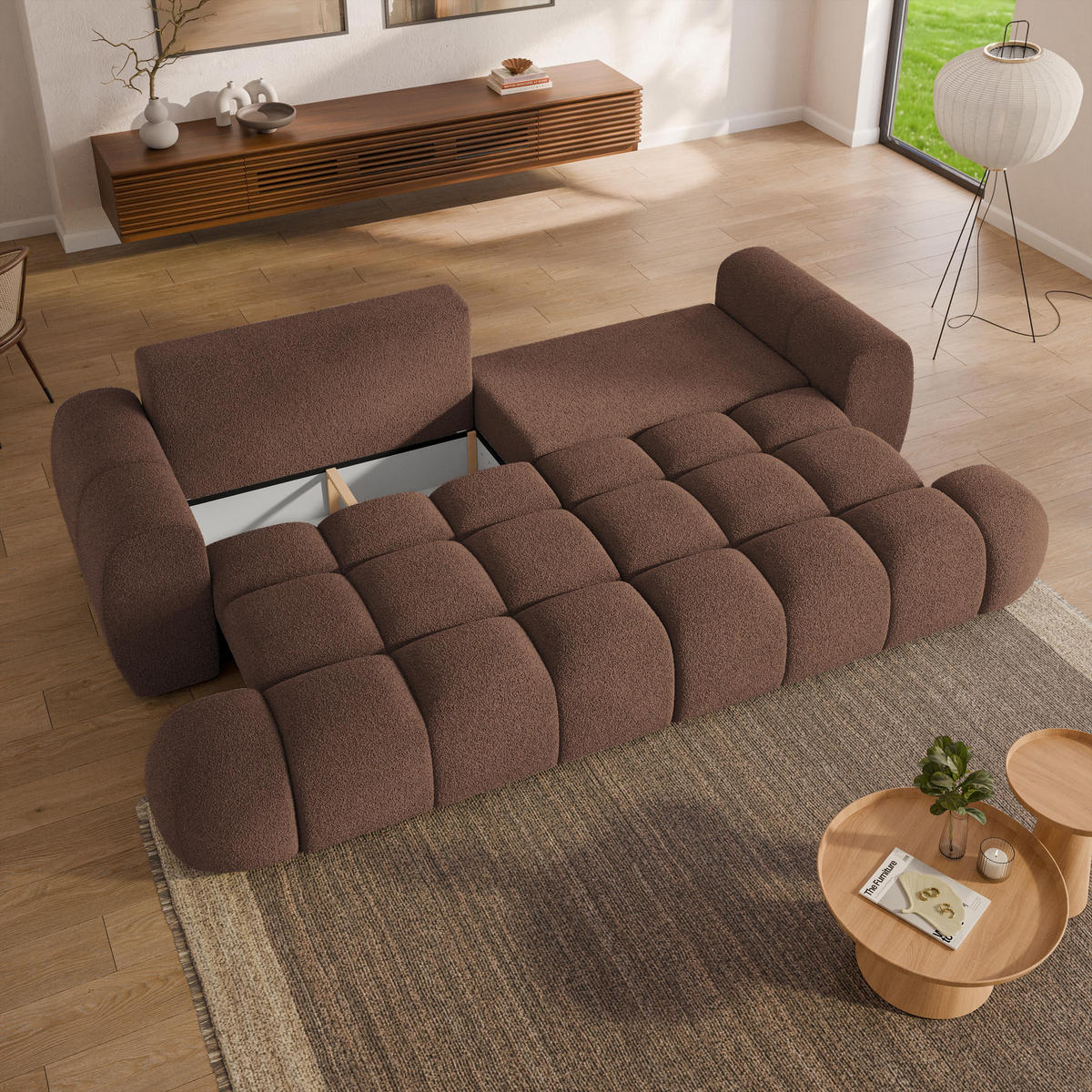 BETTSOFA DAFNE Braun Bucle-Stoff mit Schlaffunktion - Braun, Textil (300/88/113cm) - MASSENO