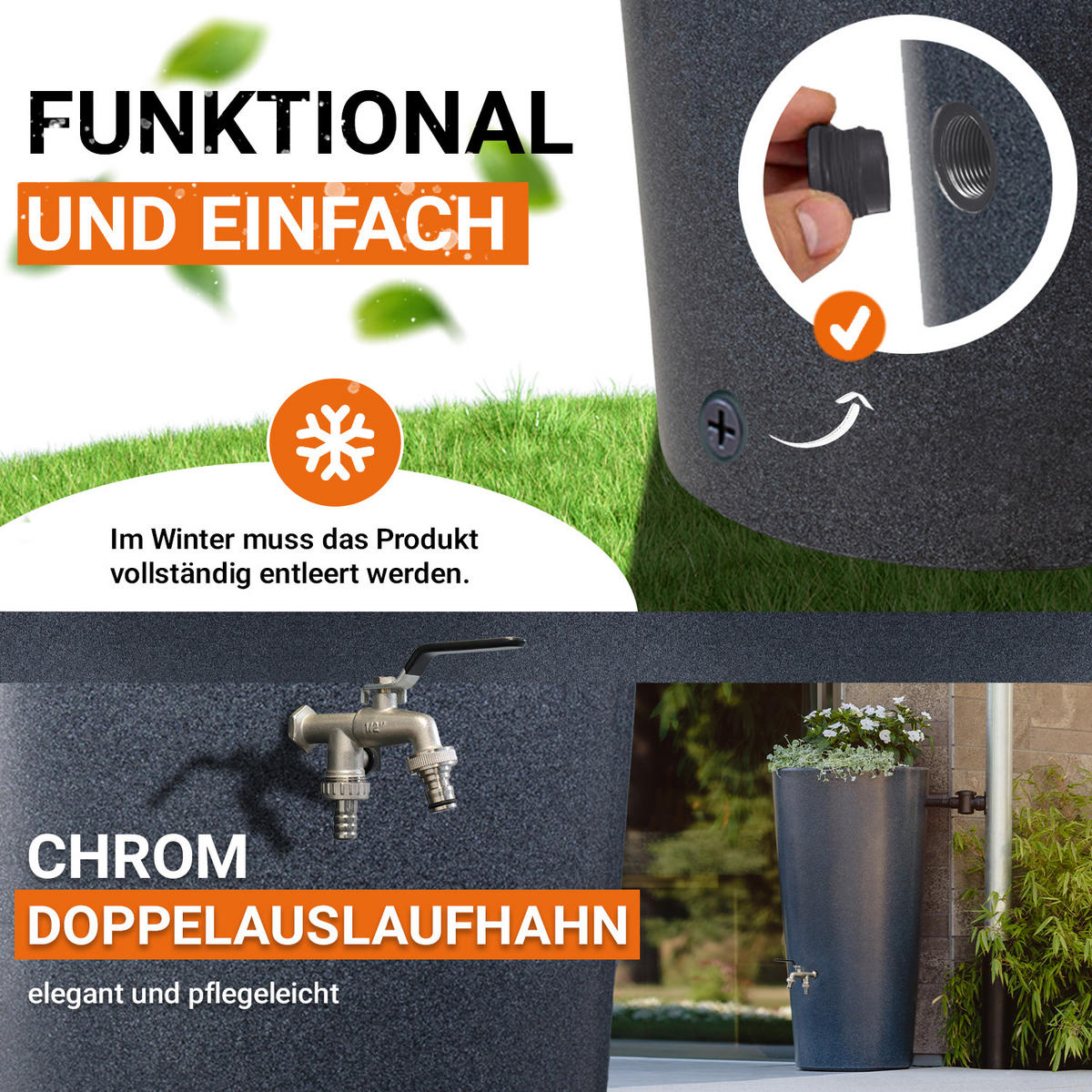 2IN1 Regentonne Komplett-Set 210 L, lava inkl. Chrom-Doppelauslaufhahn und Fallrohranschluss - Grau, Kunststoff (58/110/60cm) - GARANTIA