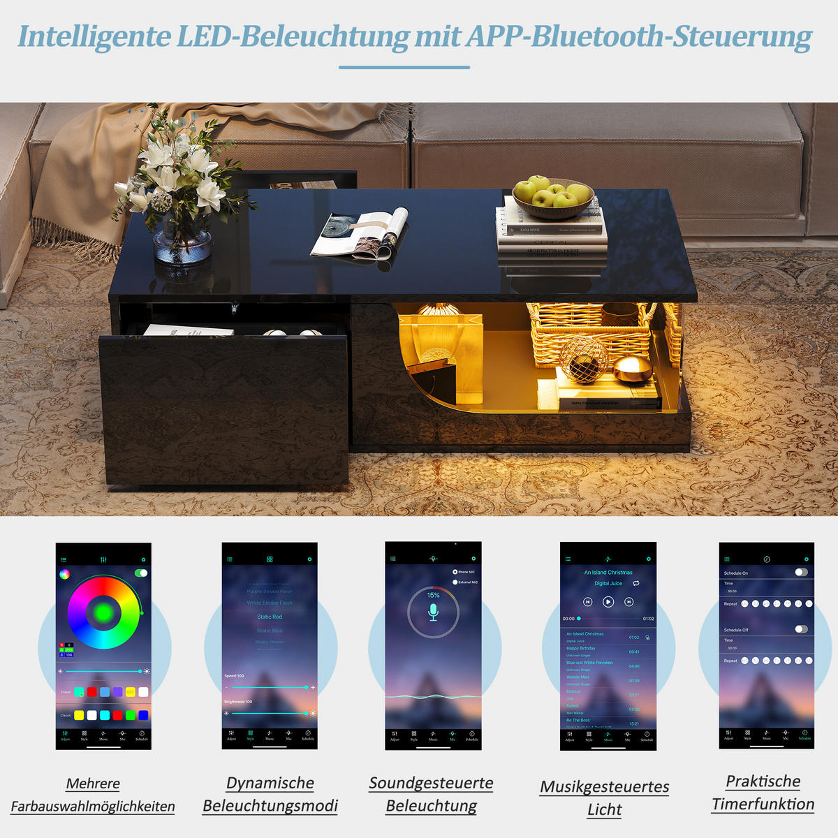 COUCHTISCH 100/50/30 cm Schwarz aus MDF und Glas mit LED und 2 Schubladen - Schwarz, Holzwerkstoff (100/50/30cm) - OKMYHOME