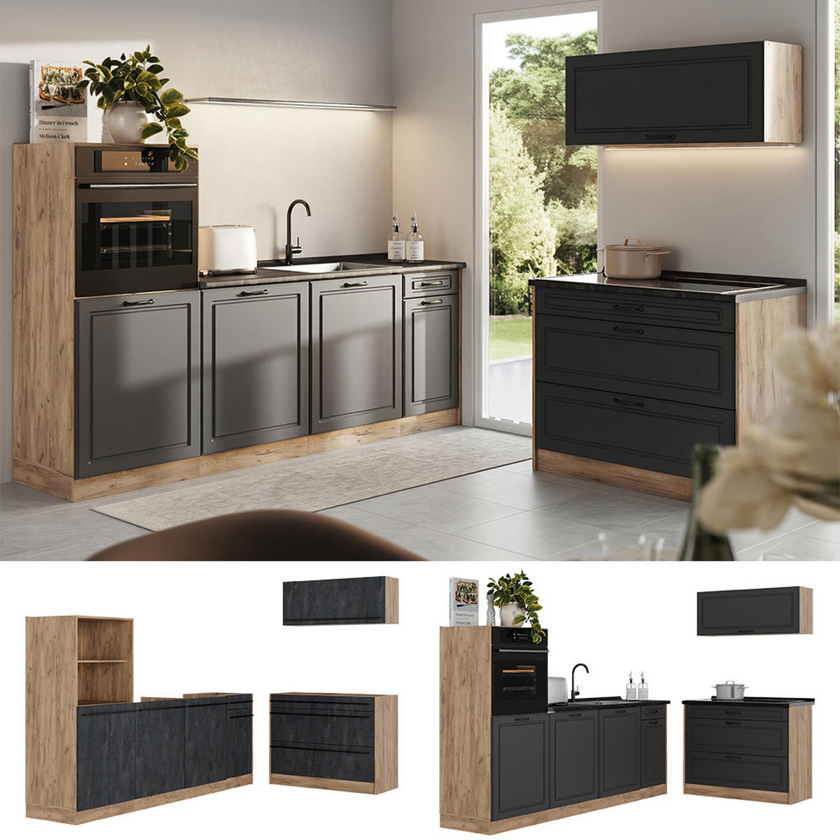 KÜCHENZEILE R-Line, Anthrazit Landhaus/Goldkraft Eiche, 220 cm Arbeitsplatte Marmor - Eichefarben/Anthrazit, Holzwerkstoff (220/143/60cm) - Vicco