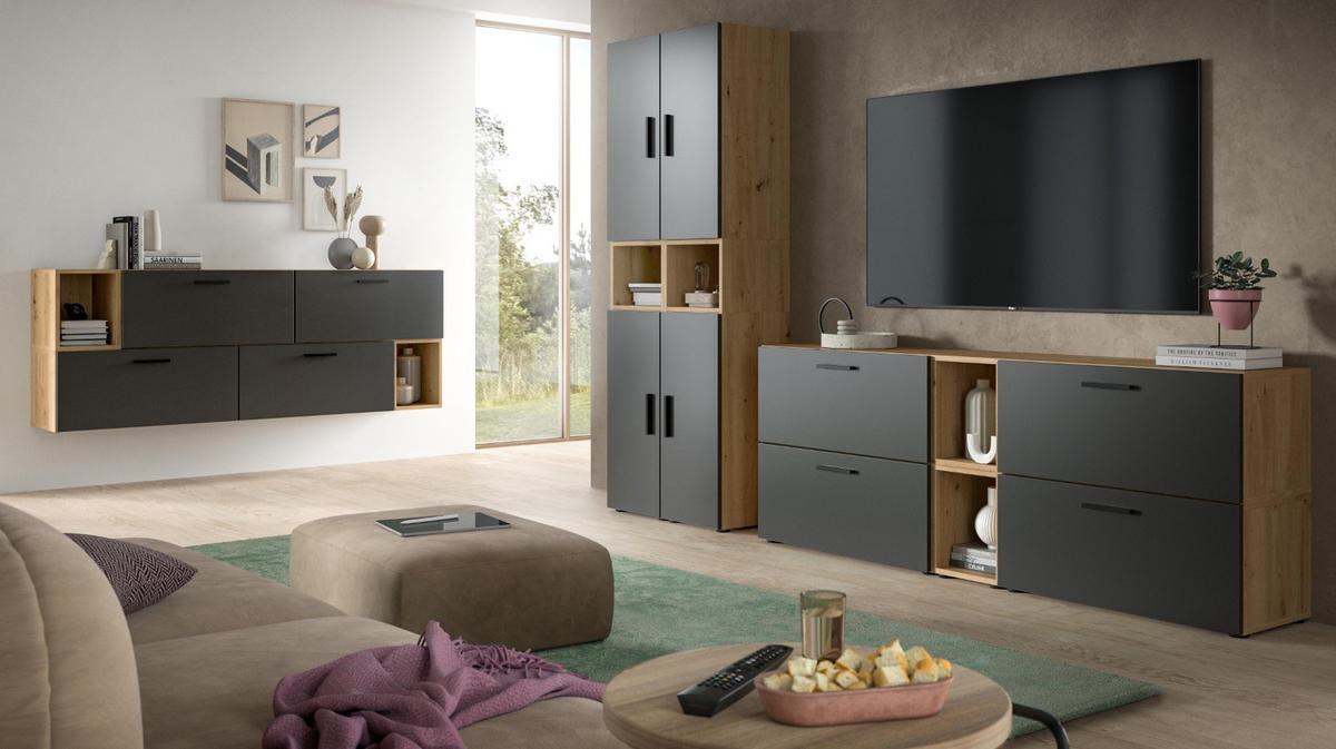 TV-LOWBOARD grau, Eiche Artisan 176 cm, Fernsehtisch hängend / stehend mit Soft-Close - Schwarz/Eiche Artisan, Holzwerkstoff/Kunststoff (176/67/34cm) - Inn.Furn