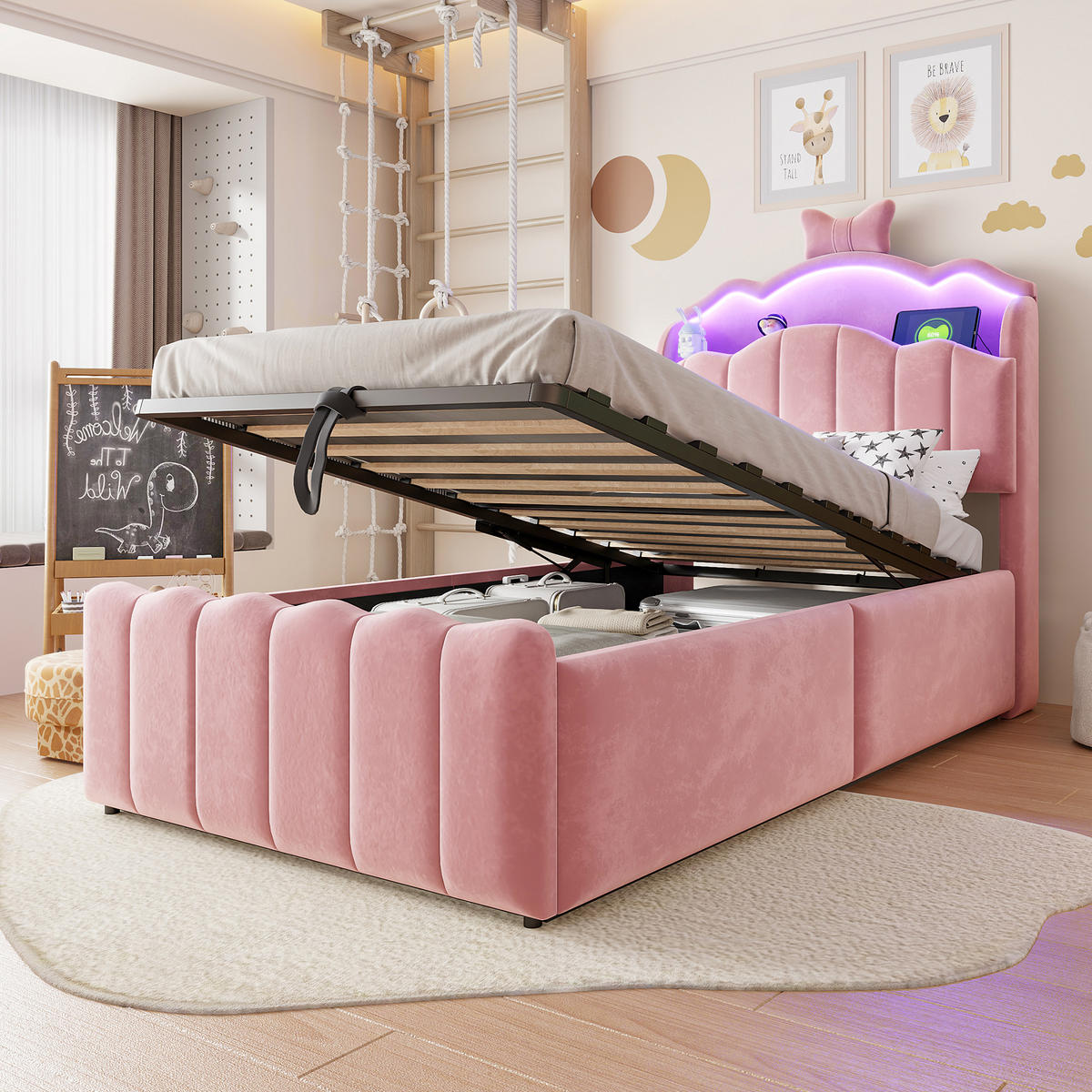KINDERBETT 90x200cm Polsterbett Hydraulik Stauraum Rosa - Pink, Metall (90/200cm) - FLIEKS