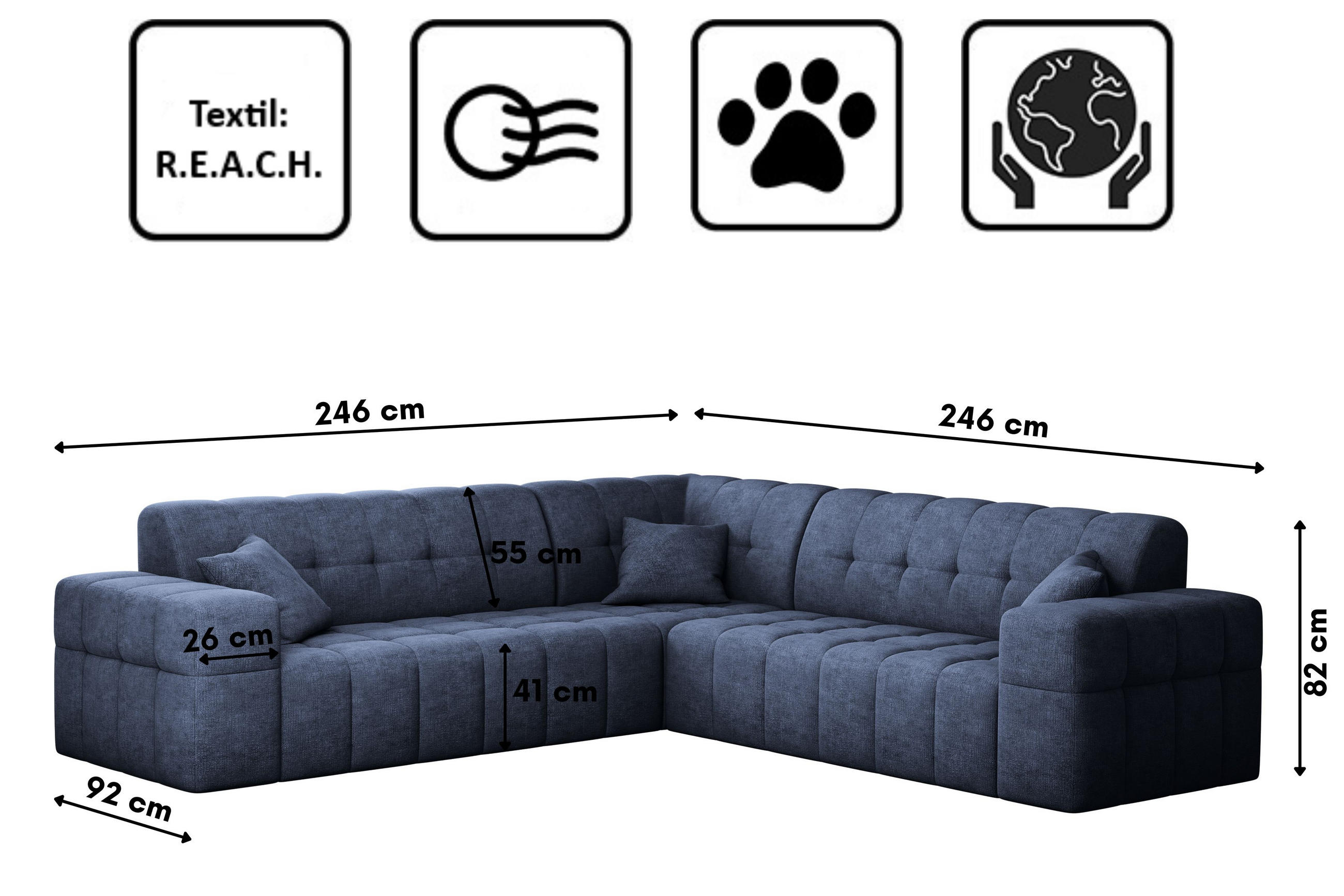 Thumbnail - Kaiser Möbel Ecksofa, Dunkelblau, Holz, L-Form,L-Form, 246x246 cm, Reach, Wohnzimmer, Sofas & Couches, Wohnlandschaften,...