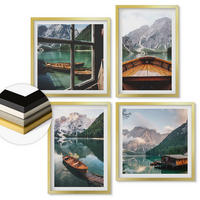 WANDBILDER 4er Set - 50x50 cm & 40x60 cm Goldrahmen - See, Berge, Boote, Hütte, Fenster - Goldfarben, Kunststoff (50/50cm) - ArtPrintCave
