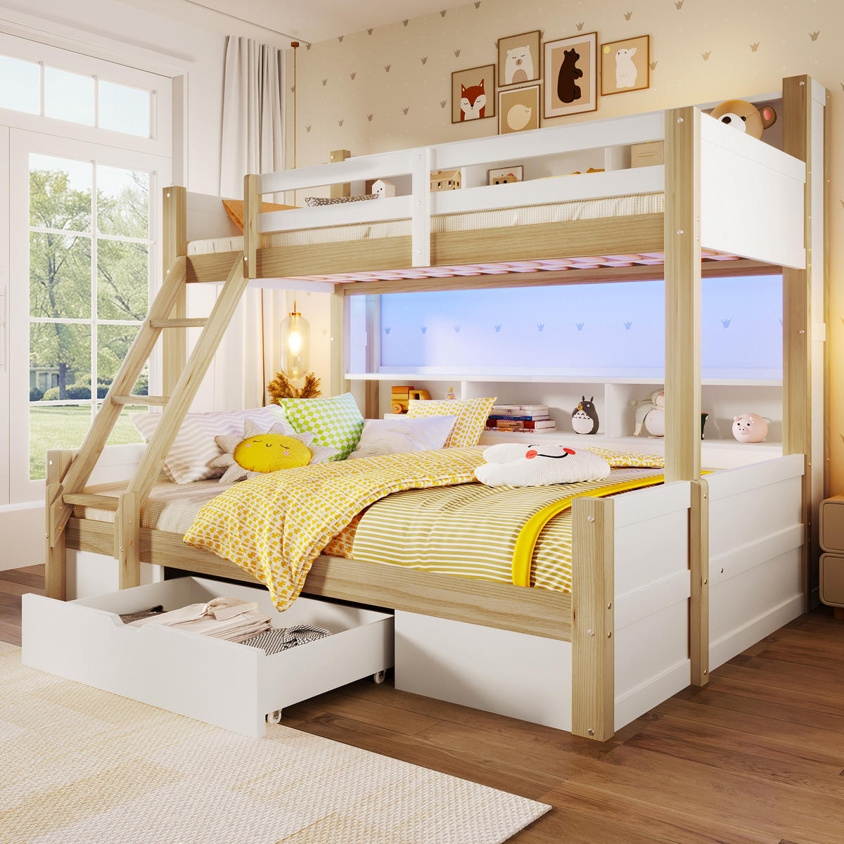 ETAGENBETT 90/200 cm Weiß + Natur mit 1 Schublade, LED-Lichtleiste und Ablagefächern - Naturfarben, Holz (90/200cm) - Oxeza