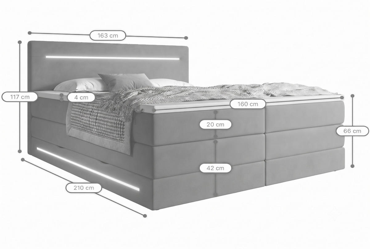 BOXSPRINGBETT Brooklyn grau 160/200 cm H2/H3 Samt - Grau, Textil (160/200cm) - wonello