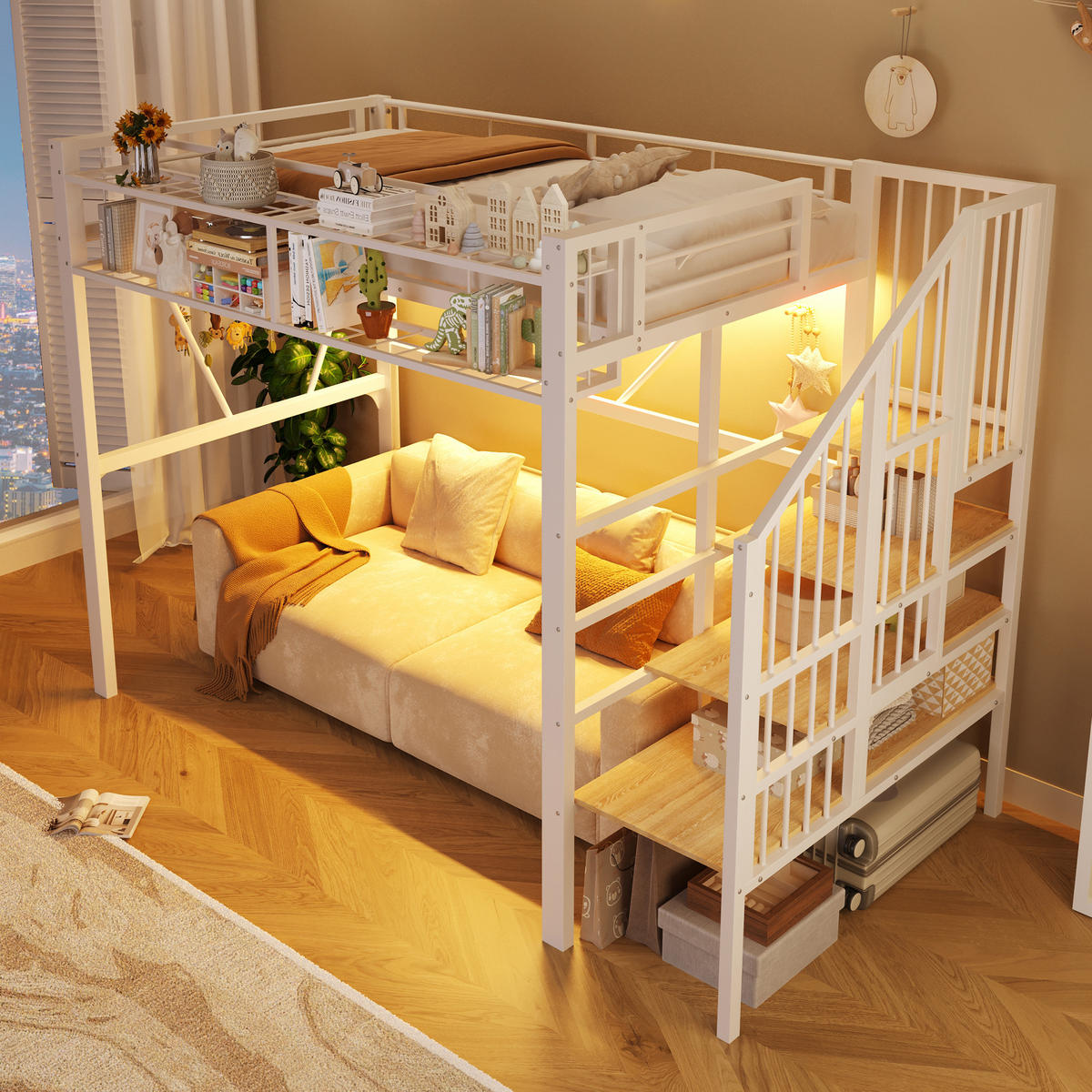 HOCHBETT 90/200 cm in Weiß mit LED und Stauraum - Weiß, Holzwerkstoff/Metall (90/200cm) - WISHDOR