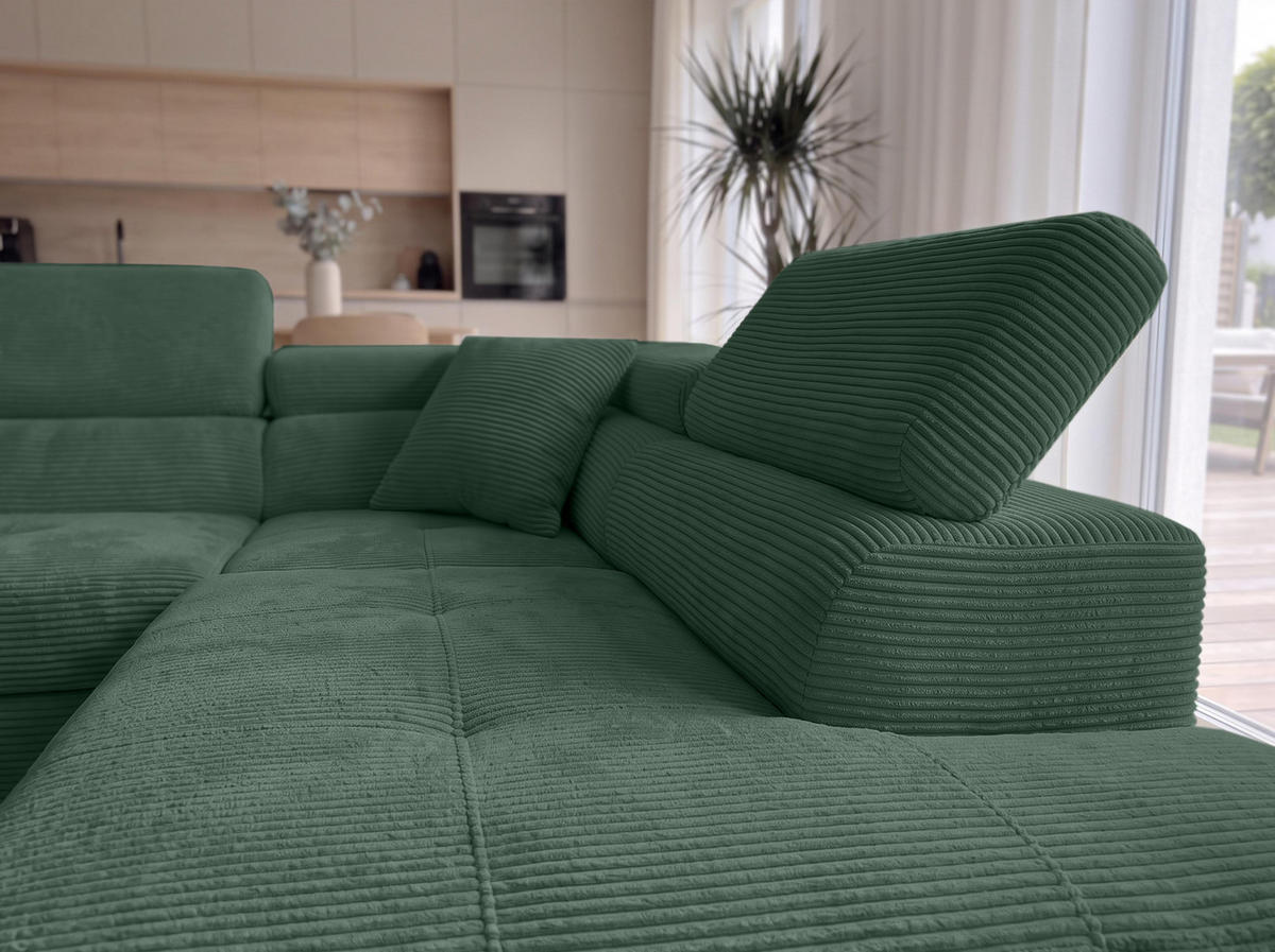ECKSOFA L Form Konak Flaschengrün 276/201/90 cm Rechts mit Schlaffunktion - Dunkelgrün/Silberfarben, Textil/Metall (276/203cm) - AX Living