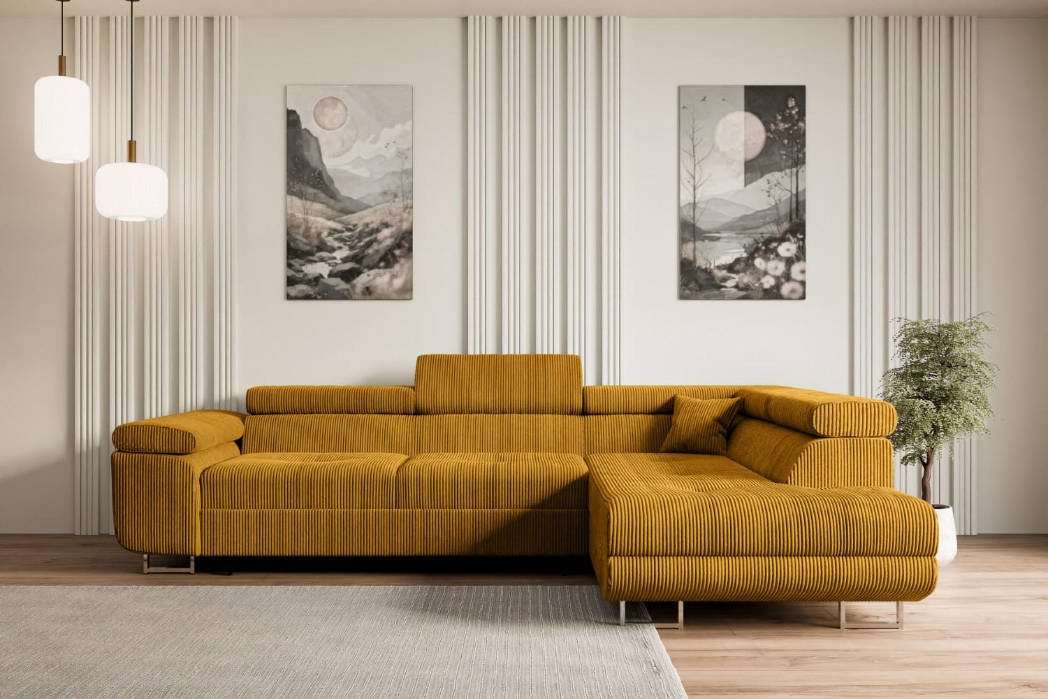 ECKSOFA mit Schlaffunktion und Bettkasten GUSA-L 272x202x107 cm Senfgelb Cord - Gelb/Silberfarben, Holzwerkstoff/Textil (272/202cm) - ALTDECOR