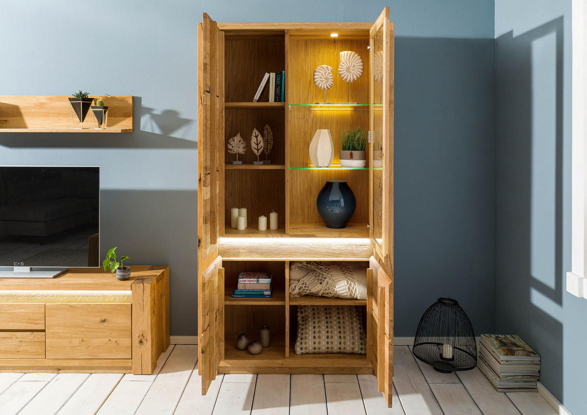 VITRINE Wildeiche 113x40x205 natur geölt KENT #102 - Braun, Holz (113/205/40cm) - Massivmoebel24