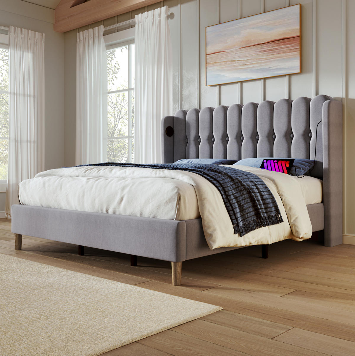 POLSTERBETT 140/200 cm mit USB- und USB-C-Anschluss, Lattenrost und Matratze, Leinenbezug, Grau - Grau, Textil (140/200cm) - Redom